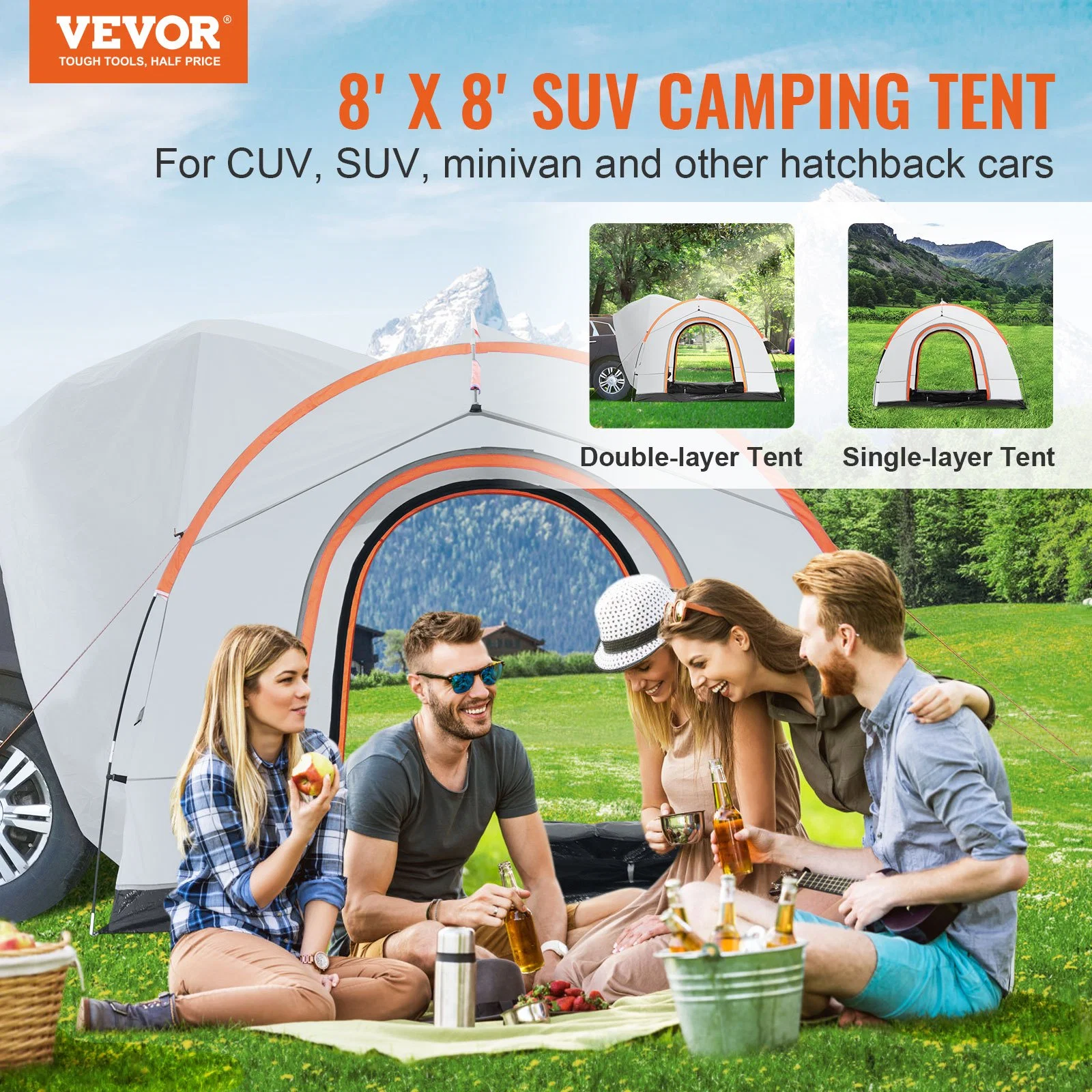 VEVOR SUV Camping Tent, 8'-8' SUV Tent Attachment for Camping with Rain Layer