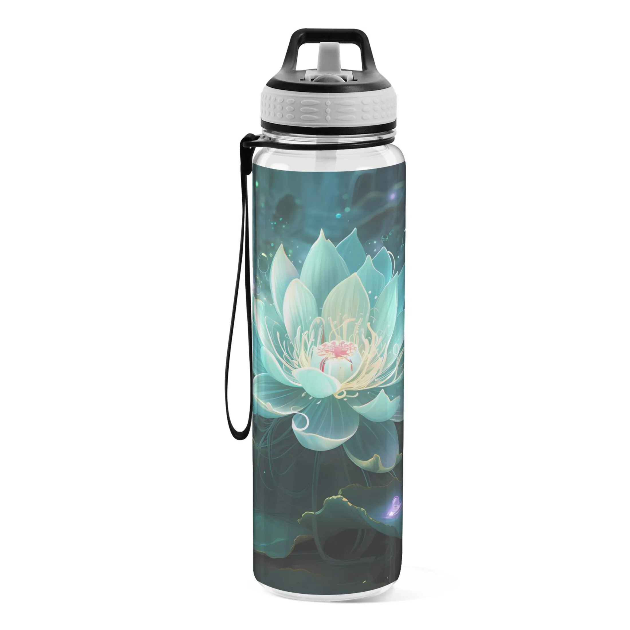 Lotus Flowers on Water 32oz Water Bottles with Straw Tritan Leakproof Sports Bottle BPA Free Clear for Fitness Gym Swimming Cycling