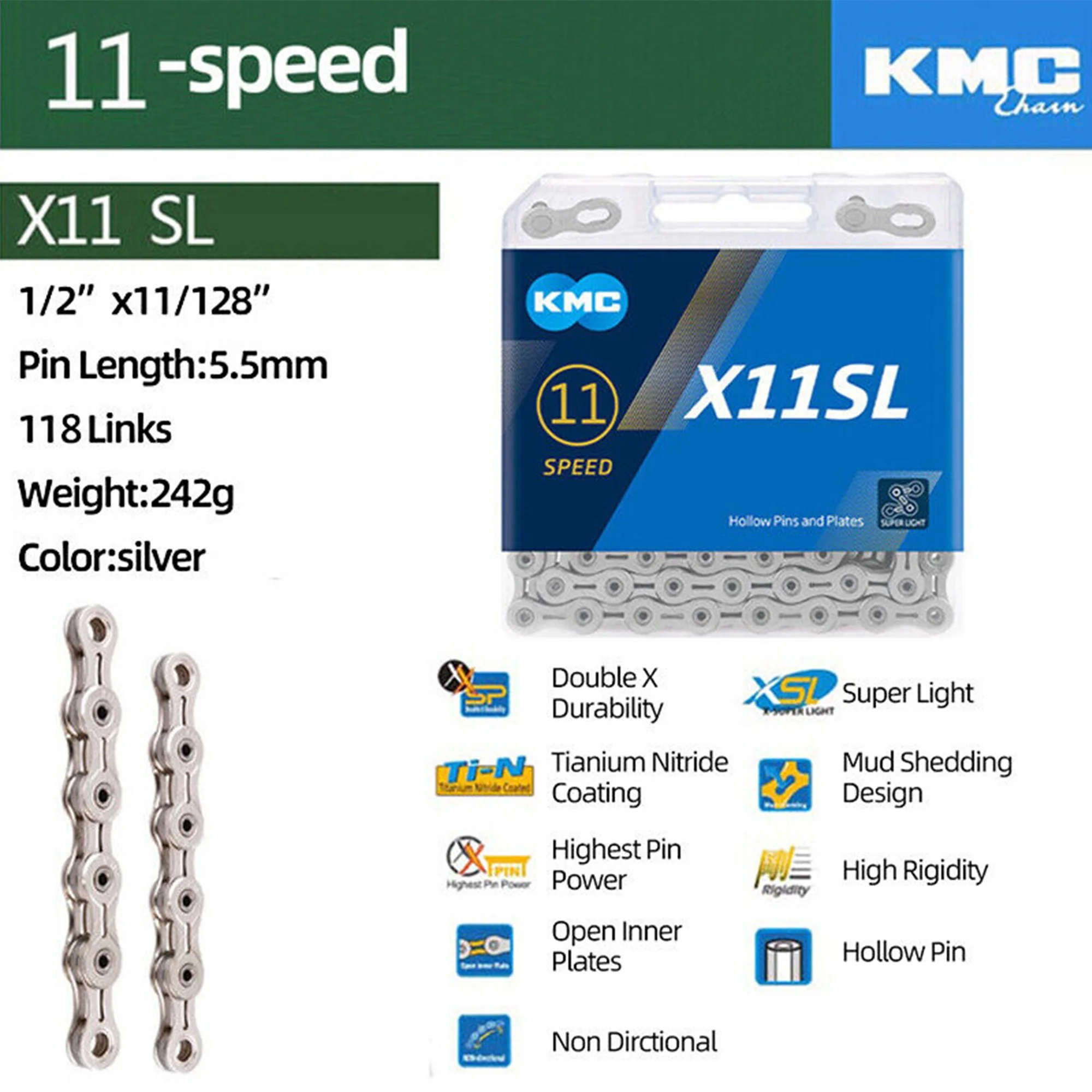 KMC SL 11 Speed Bike Chain CL555R MTB Road Bicycle 118L Quick Link for Shimano