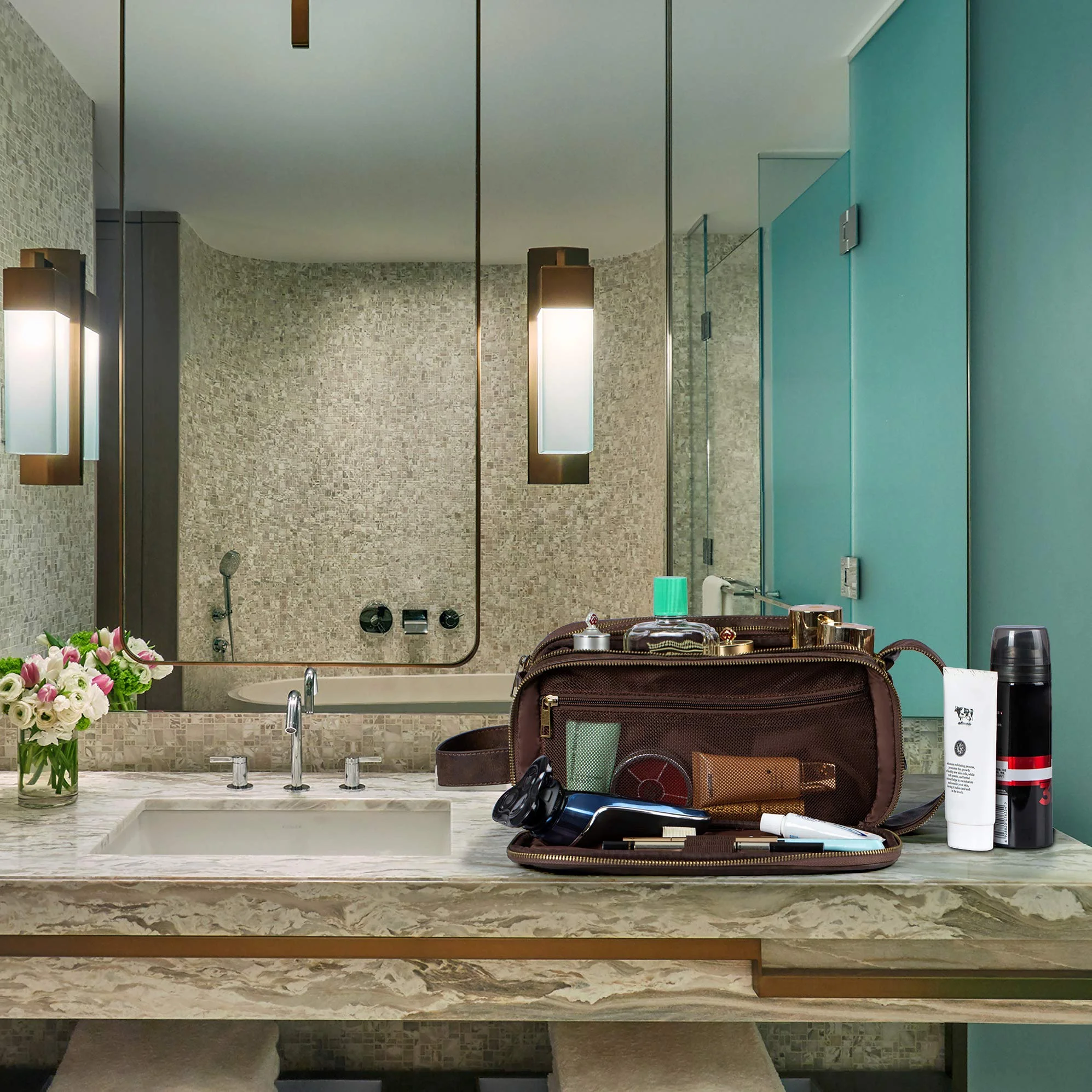 Elviros Men's Toiletry Bag,Water-Resistant Travel Dopp Kit, PU Leather Organizer (Coffee,Large)