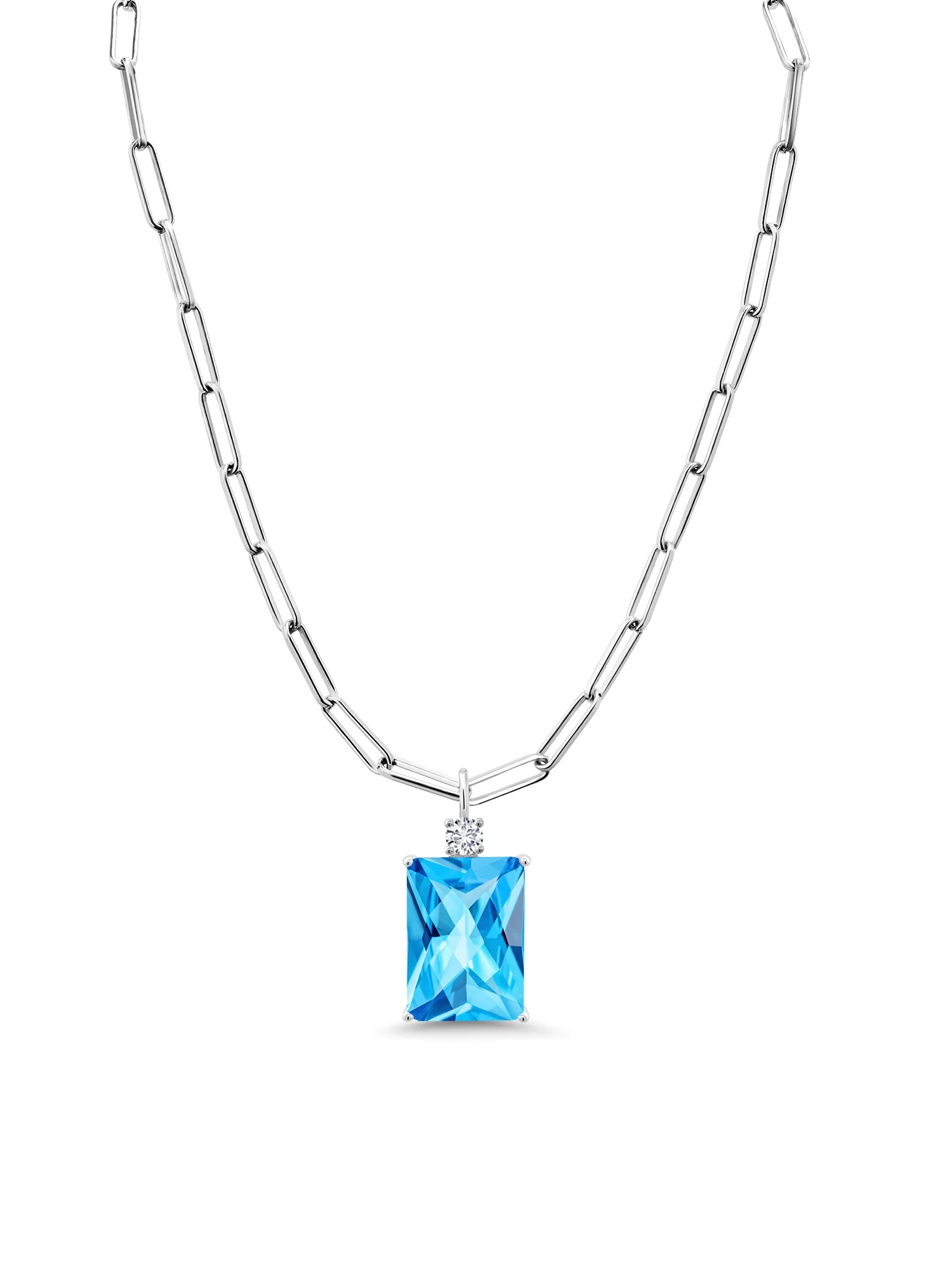 Gem Stone King 15.27 Ct Octagon Checkerboard Swiss Blue Topaz G-H Lab Grown Diamond 925 Sterling Silver Pendant with 3.25mm Paperclip Link Chain 18 inch with 2 inch Extender
