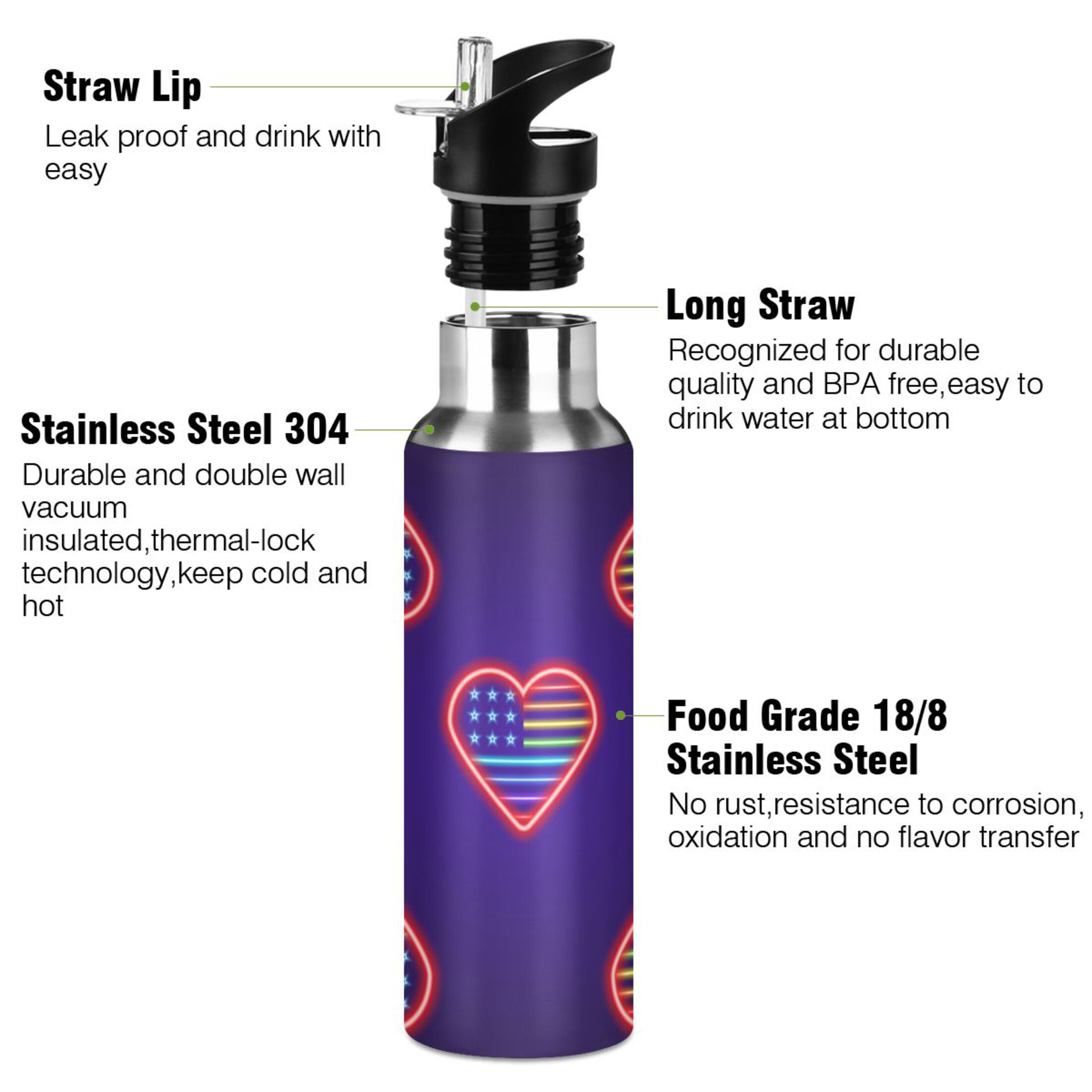 Water Bottle with Straw Lid Leak Heart Rainbow Flag Stainless Steel Insulated Thermos Vacuum Flask for Cold Hot Drinking for Sports Camping Gym Yoga