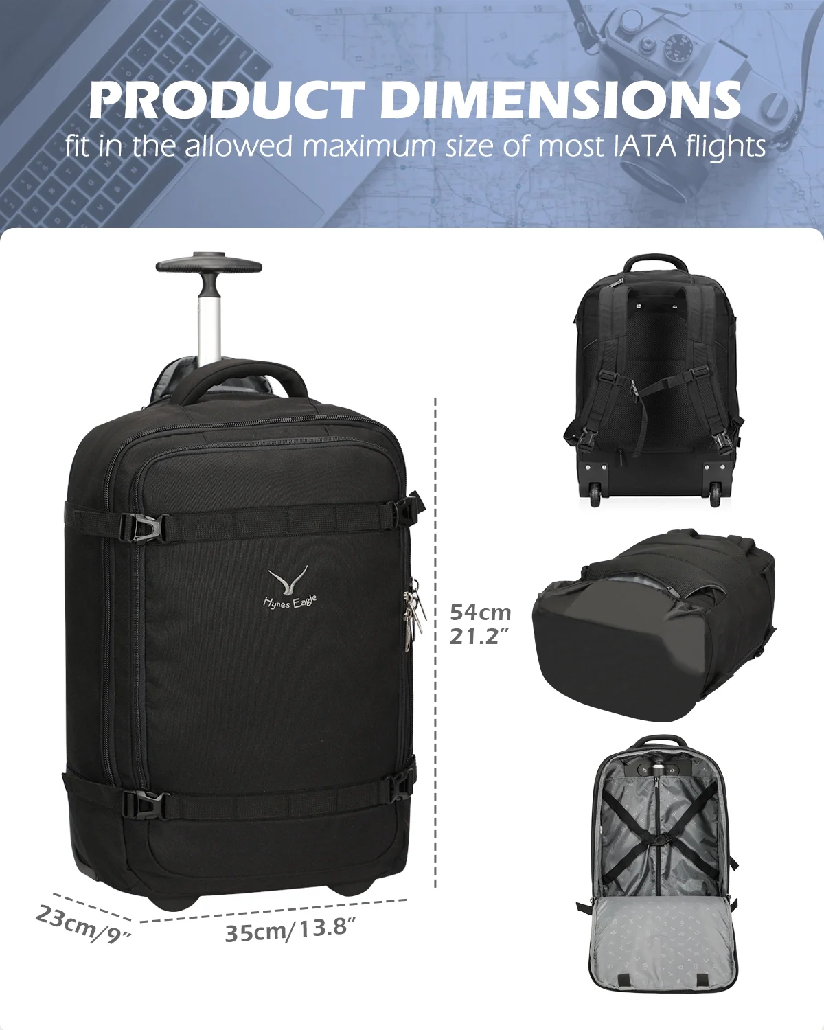 Hynes Eagle 42L Hybird Trolley Backpack with 2 Wheels Flight Approved Softside Carry-on Luggage