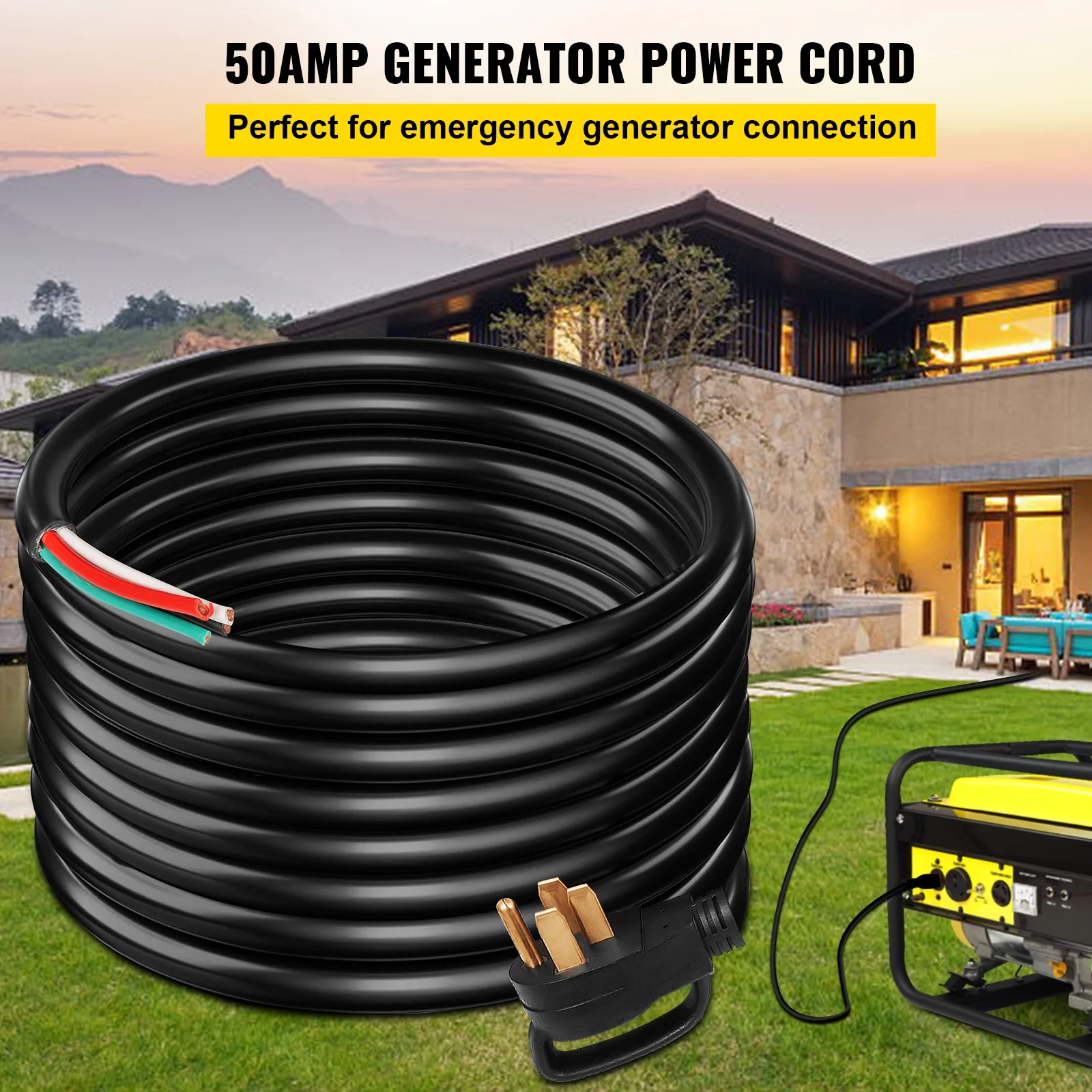 BENTISM 25' 50A RV Camp Power Cord Generator Cord 6/3 + 8/1 AWG NEMA 14-50P to Bare Wire