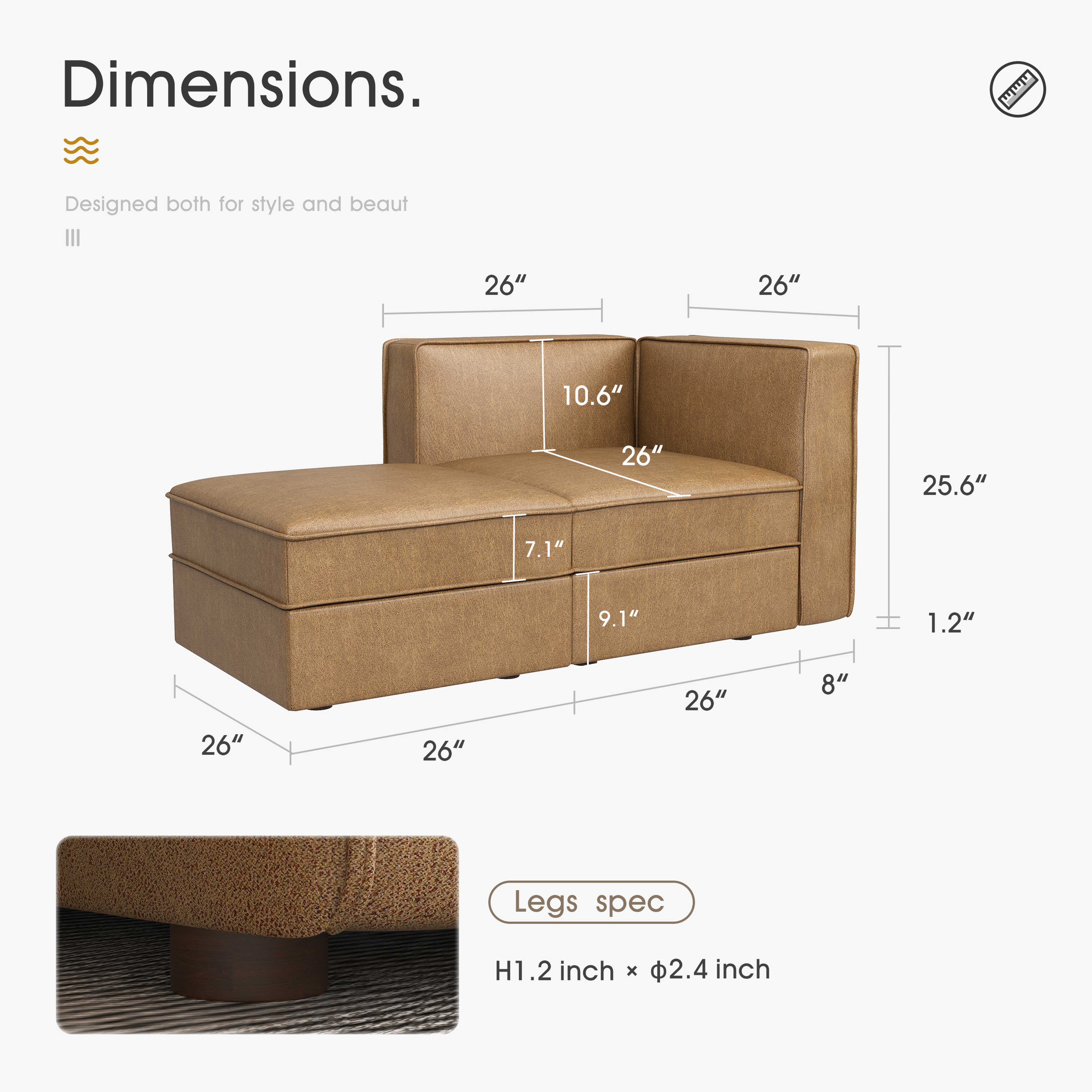 Nolany Modular sectional Leathair couch sofa Rectangle-Shaped corner chair for living room with reversible storage chaise, Caramel Brown