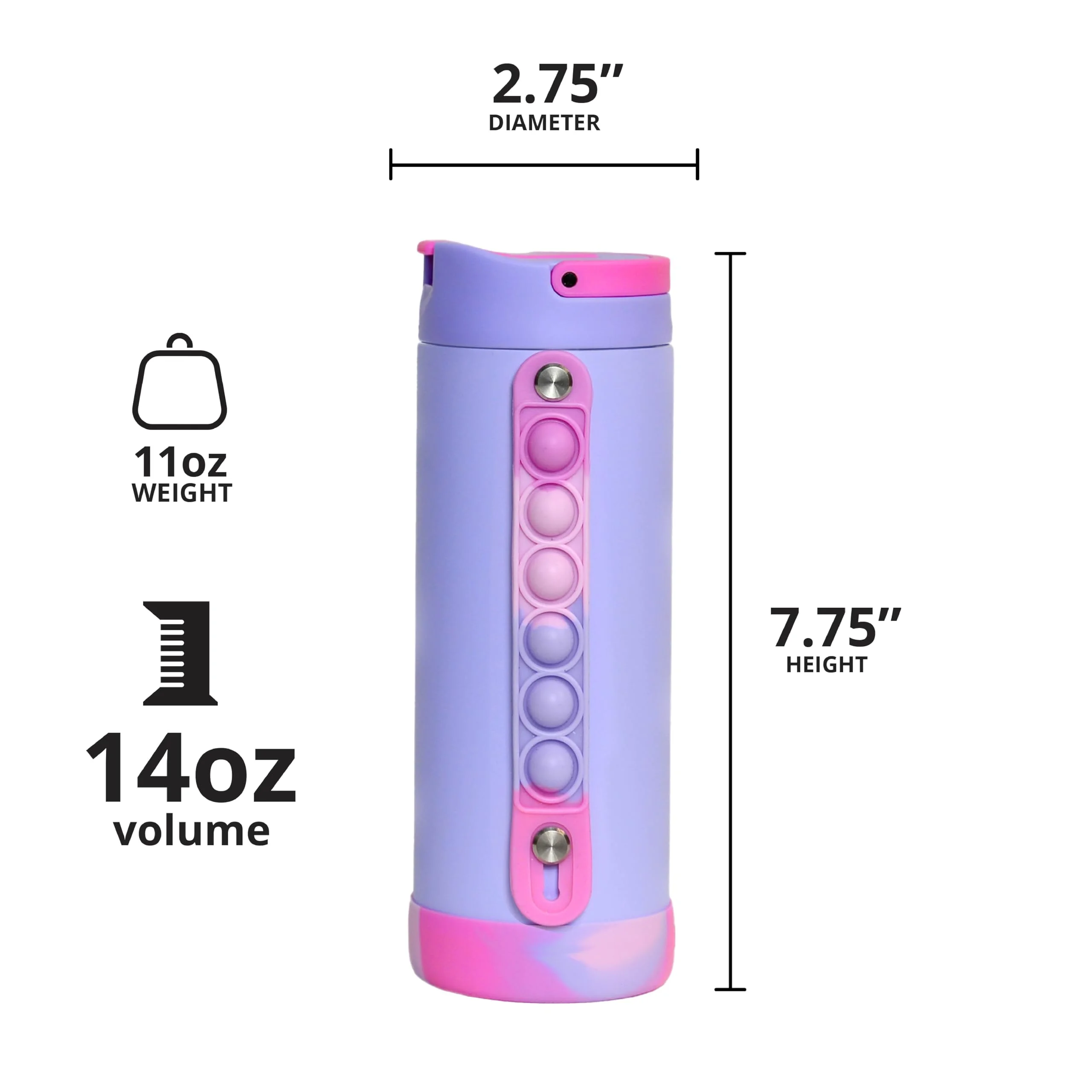 Elemental Iconic Kids Water Bottle with Straw Lid & Stress Reliever Pop It Handle, Leak-Proof When Closed, Triple Insulated Stainless Steel Reusable Thermos Water Bottle, 14oz - Lilac Tie Dye