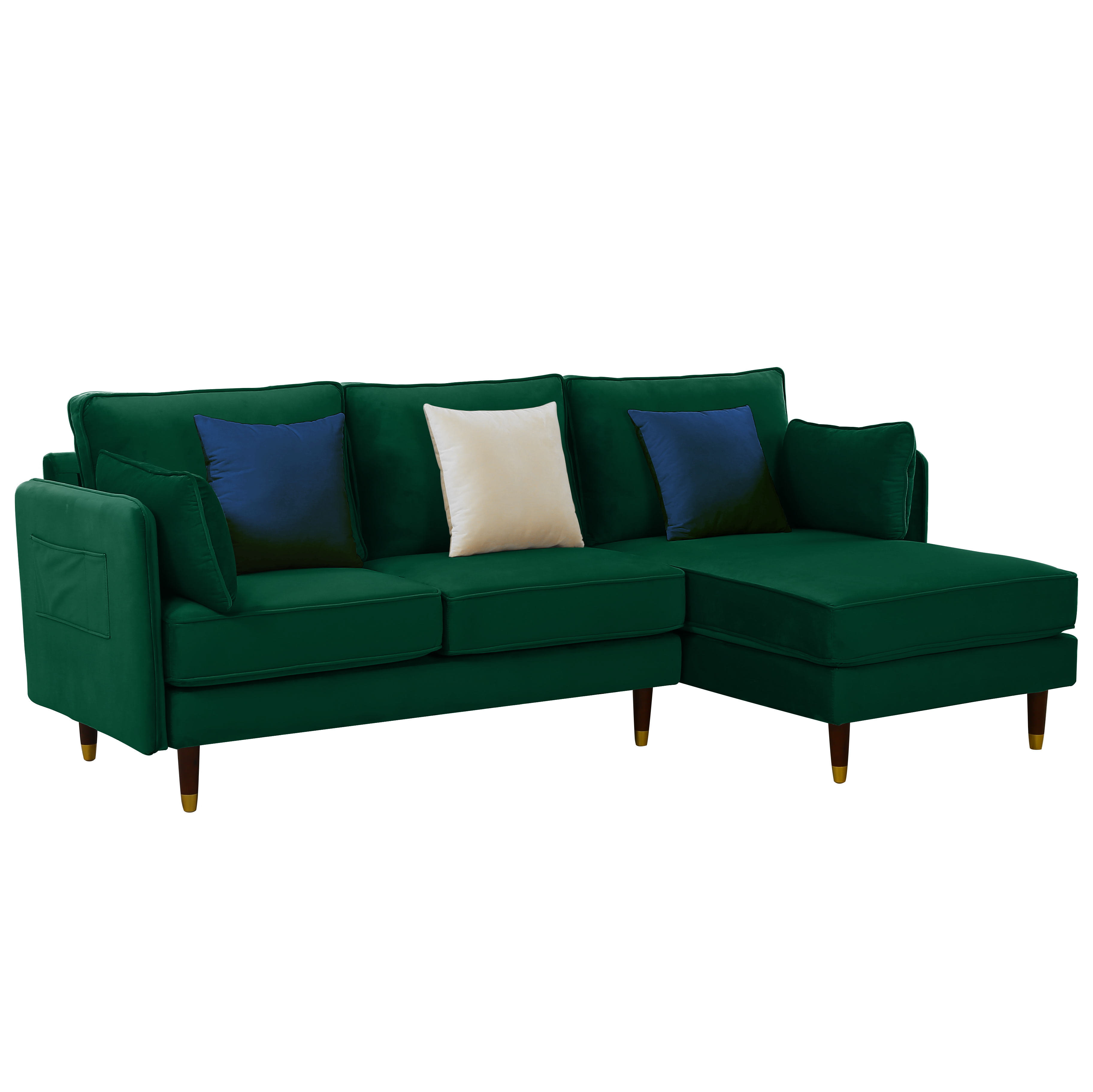 L-Shaped Reversible Sectional Sofa, Soft Velvet Fabric Square Arm Sofa for Living Room, Apartment, Office (Green)
