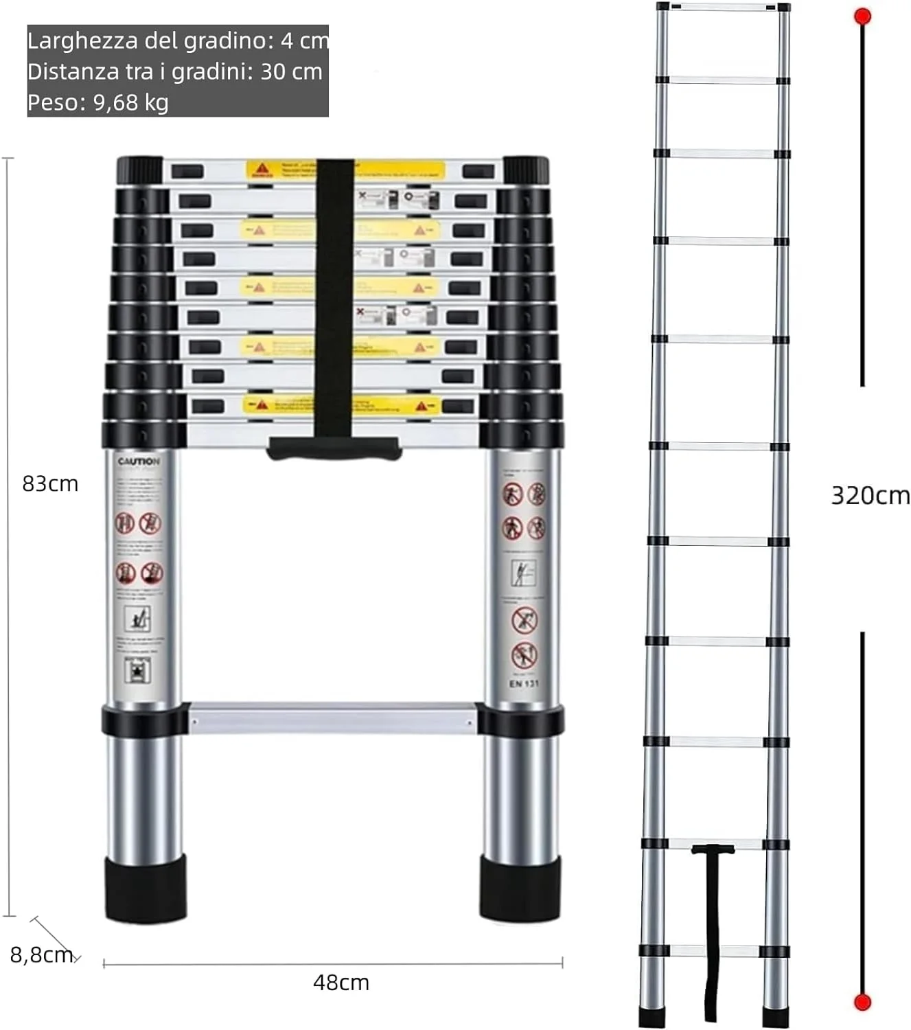 OUWI® 3.2M Portable Aluminium Telescopic Ladder, Foldable and Extendable Extension EN131, Maximum Load 150 kg