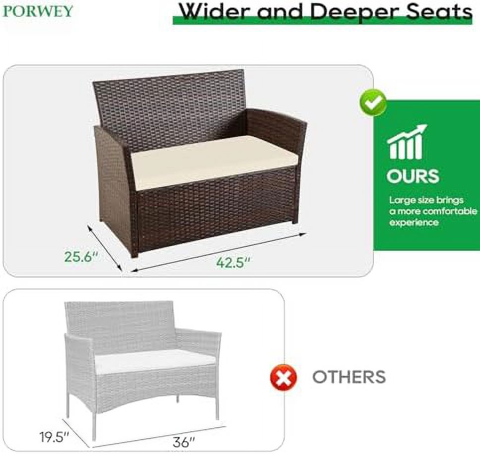 NLIBOOMLife Patio Outdoor  4 Pieces Sectional Sofa Set Balcony  Wicker Rattan Chairs with Table and Loveseat for Garden  Porch  Backyard  Brown Wicker/Brown Cushion