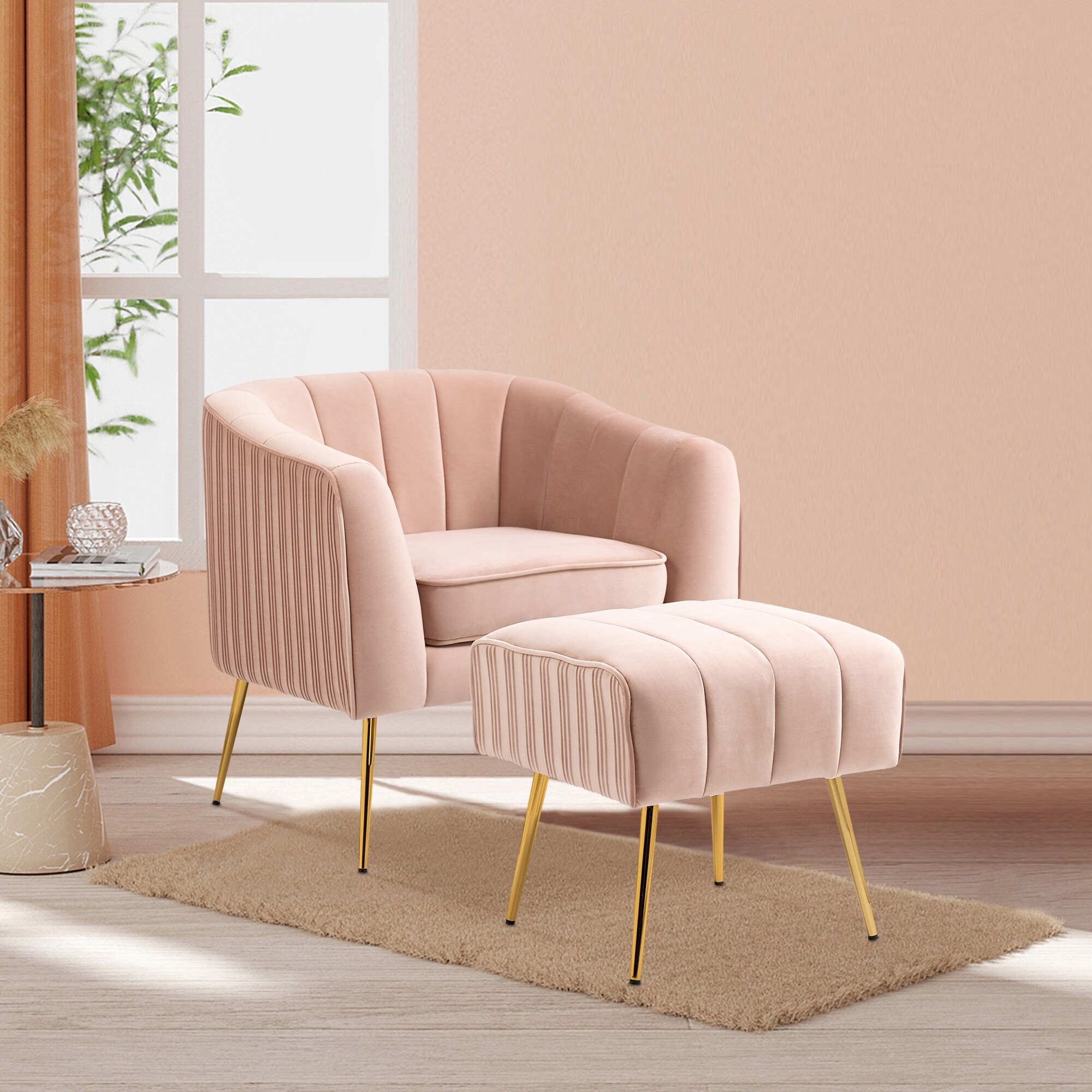 Modern Velvet Barrel Arm Accent Chair with Ottoman Pink