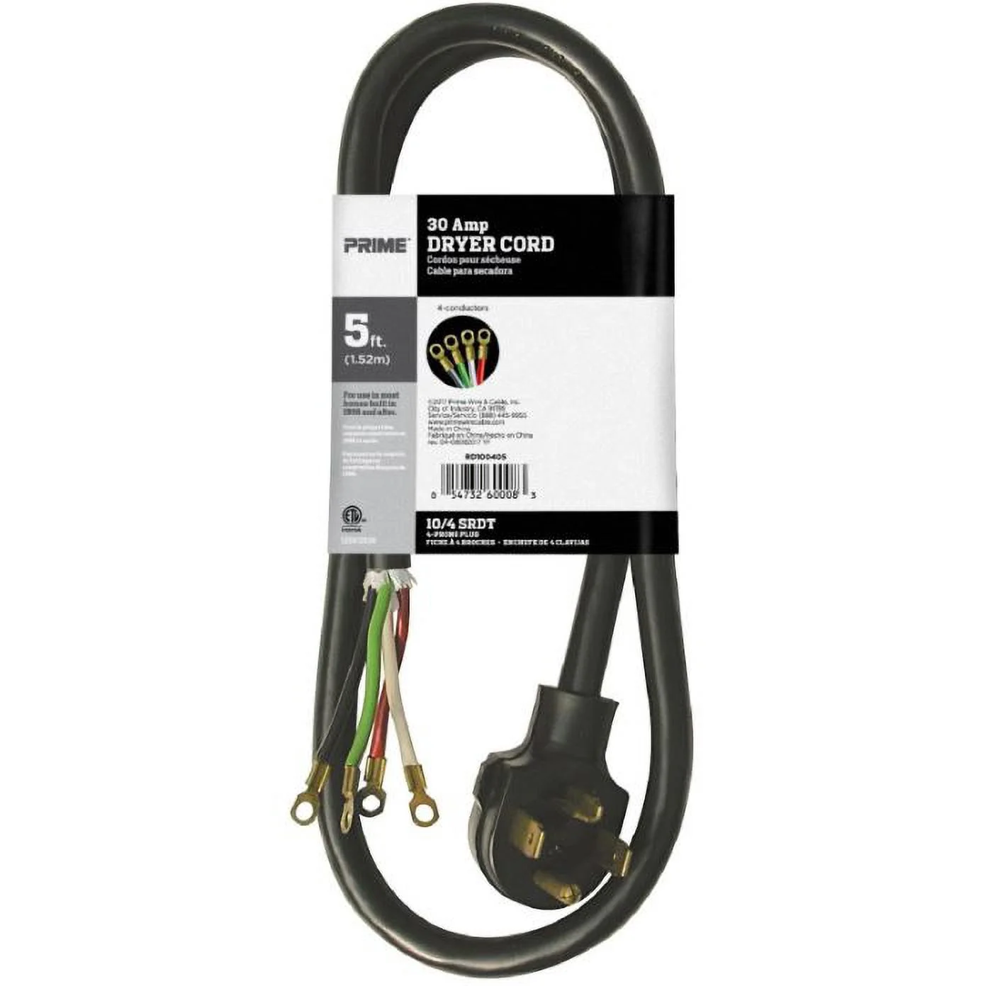 5 Feet 10/4 30 Amp Black 4-Wire Dryer Cord, (5 Pack)