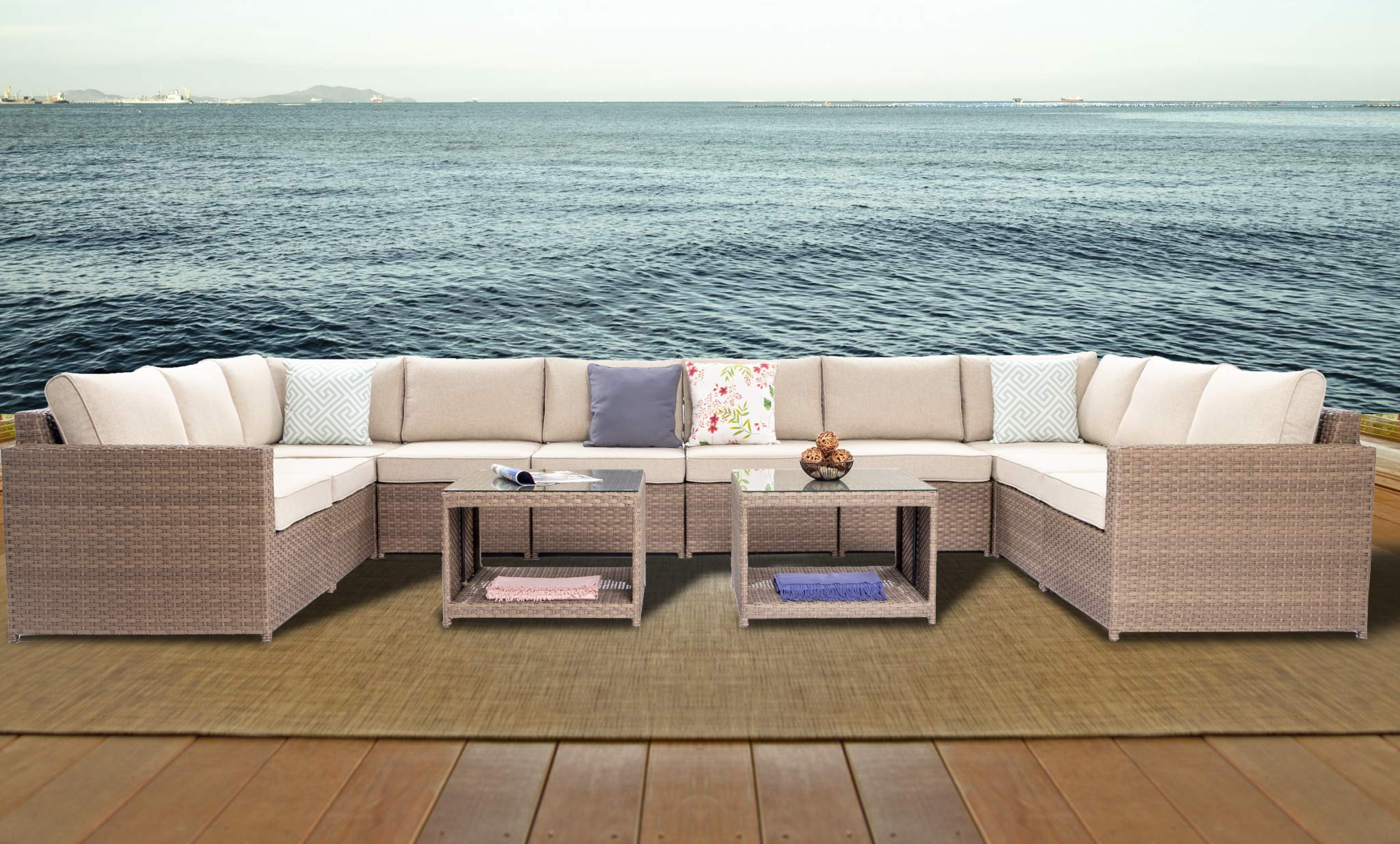 DIMAR GARDEN Wicker Patio Furniture Conversation Set No Assembly Outdoor Rattan Sectional Couch Sofa with Coffee Table Backyard Modern Deck (12PCS Light Brown)