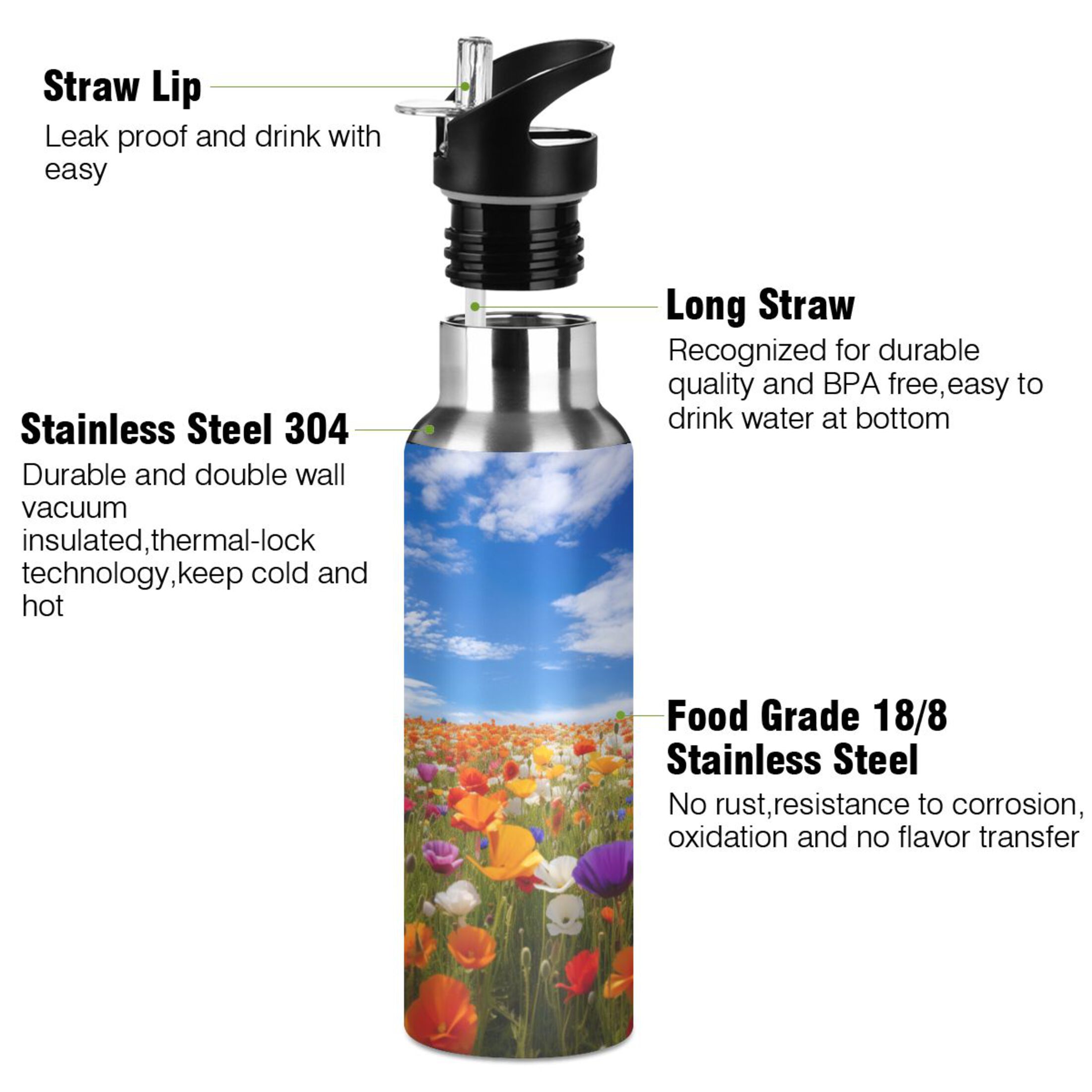Flower Sky Water Bottles Insulated Thermos Kids Stainless Steel Bottle with Straw Lid Flask Leakproof for Sports Gym 20 oz