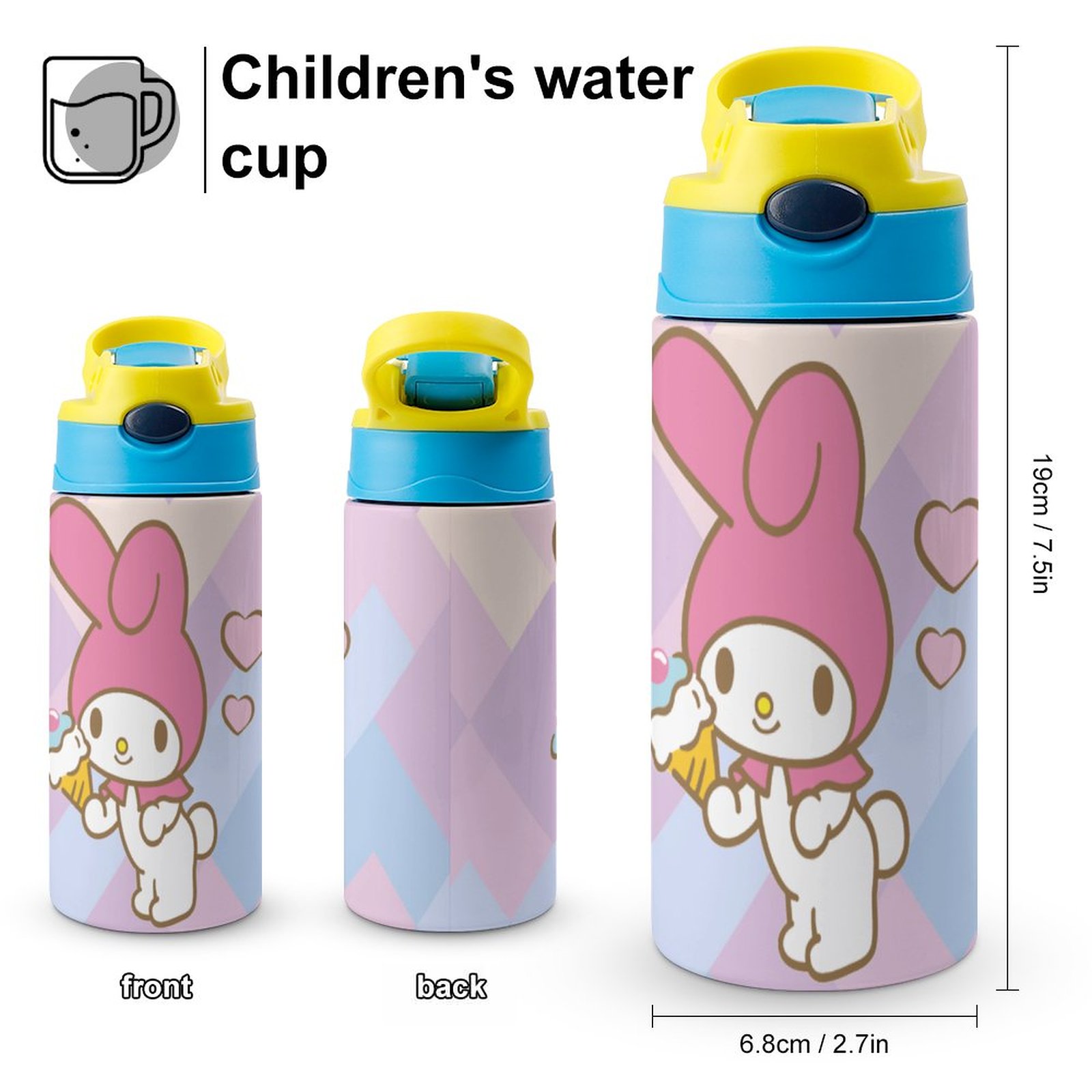 Heart My Melody Children's Water Bottle Vacuum Insulated Stainless Steel Cup With Straw Toddler Thermoses