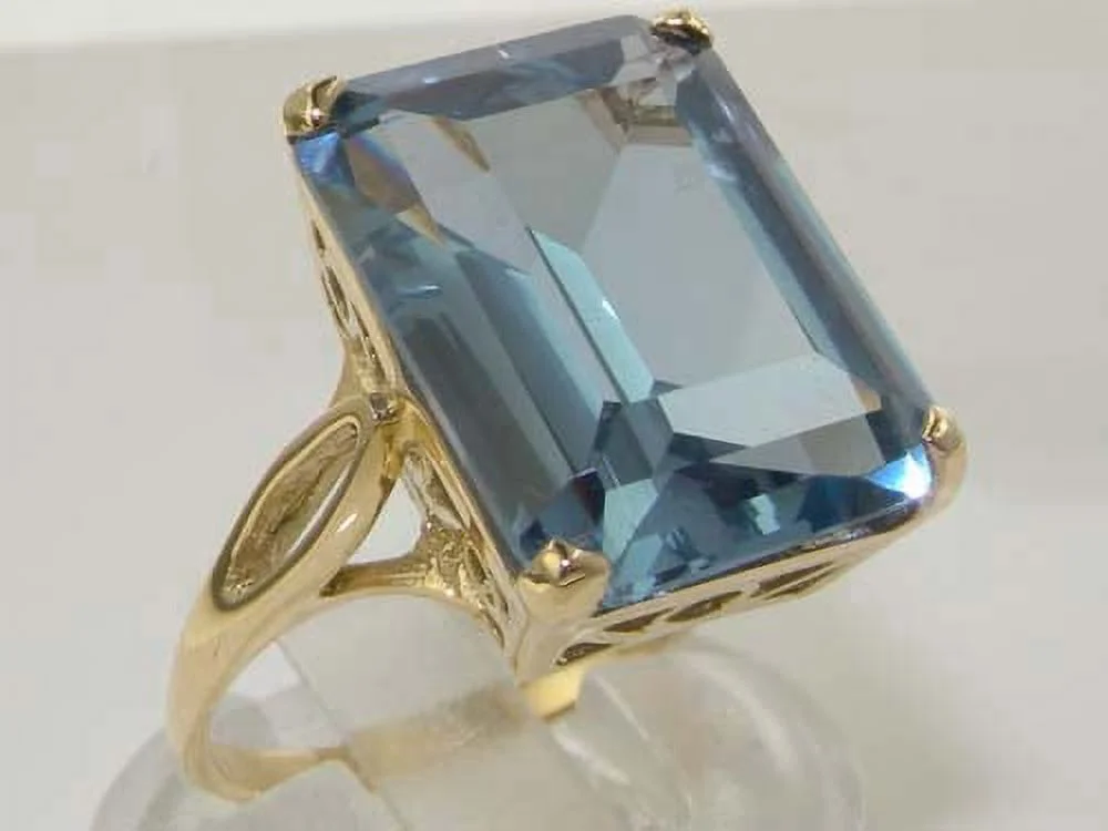 LBG Solid 14K Yellow Gold Large 16x12mm Octagon cut Synthetic Sea Blue Spinel Ring - Size 10 - Sizes 5 to 12