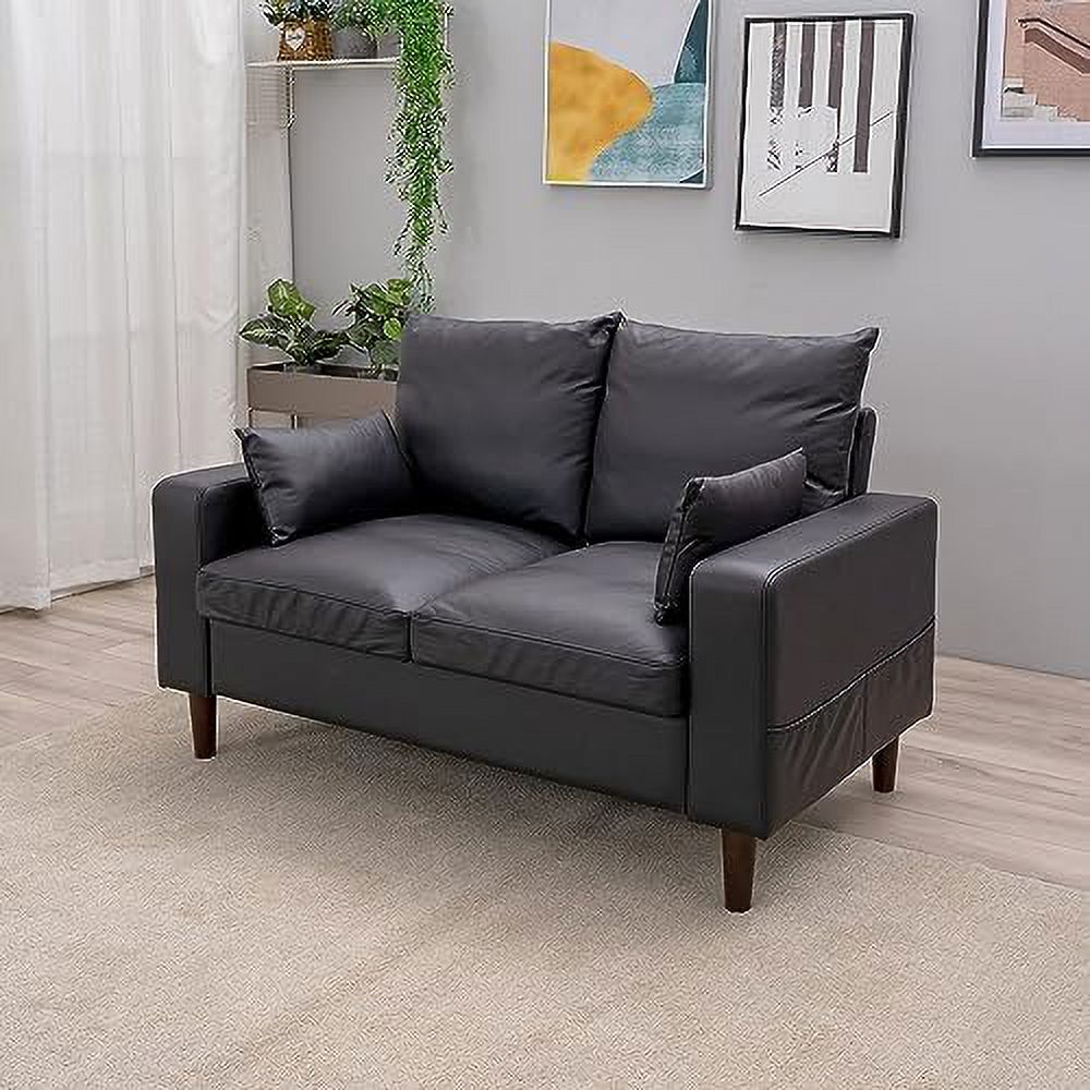 GEROBOOM 54.5" Small Loveseat Couch Sofa  Fabric Upholstered 2-Seat Sofa  Love Seat  with Wood Leg for Small Space  Living Room  Apartment (Black Faux Leather  Track Arm-2 Seater with