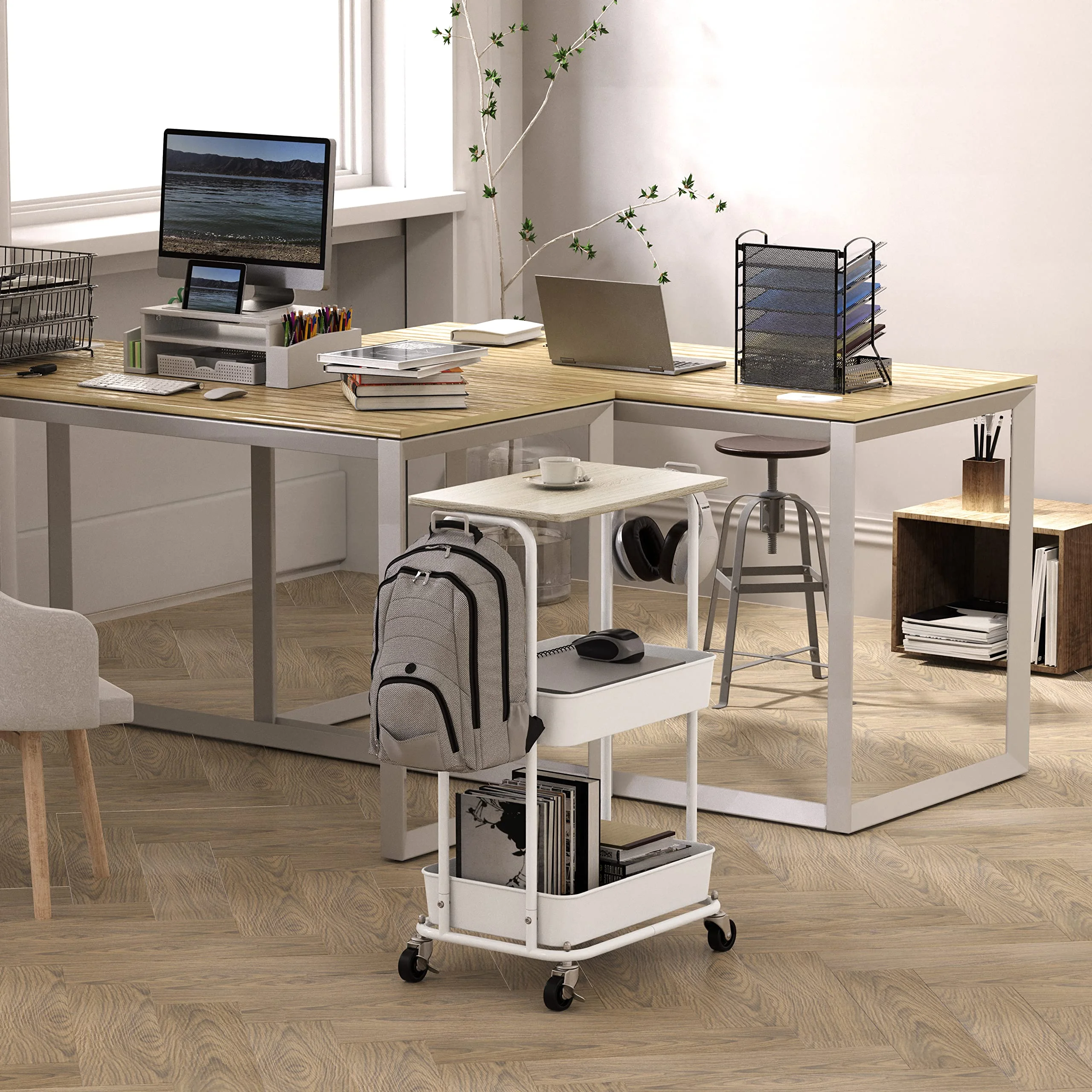 SHW 2-TIER ROLLING UTILITY CART WITH TOP BOARD, MAPLE