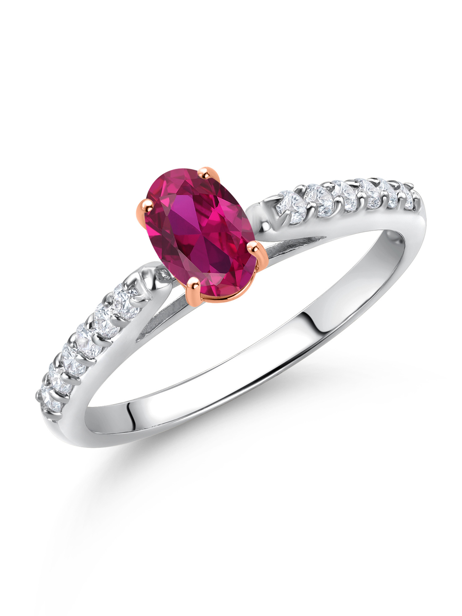 Gem Stone King 925 Silver and 10K Rose Gold Red Created Ruby and White Lab Grown Diamond Engagement Ring For Women (0.68 Cttw, Oval 6X4MM, Gemstone July Birthstone, Available In Size 5, 6, 7, 8, 9)