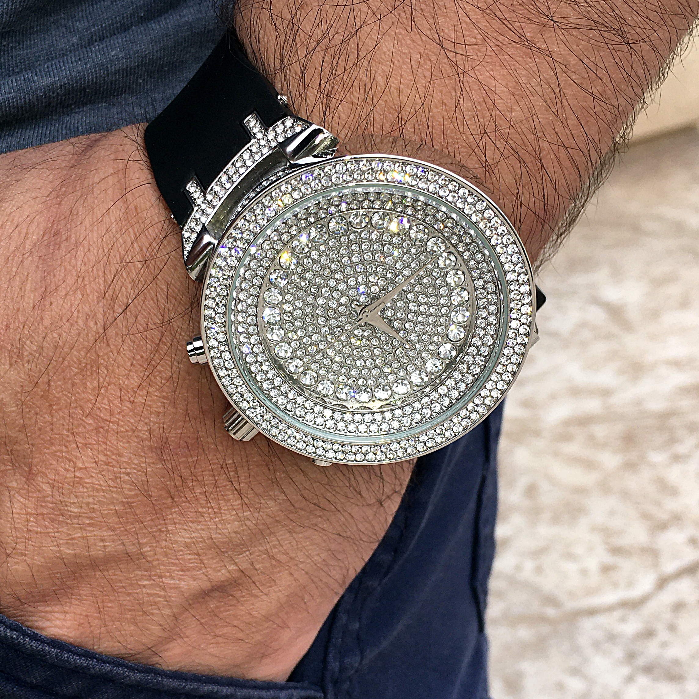 Mens Hip Hop Watch Big Round Micro Pave Ice Blinged Out Silver Tone 6