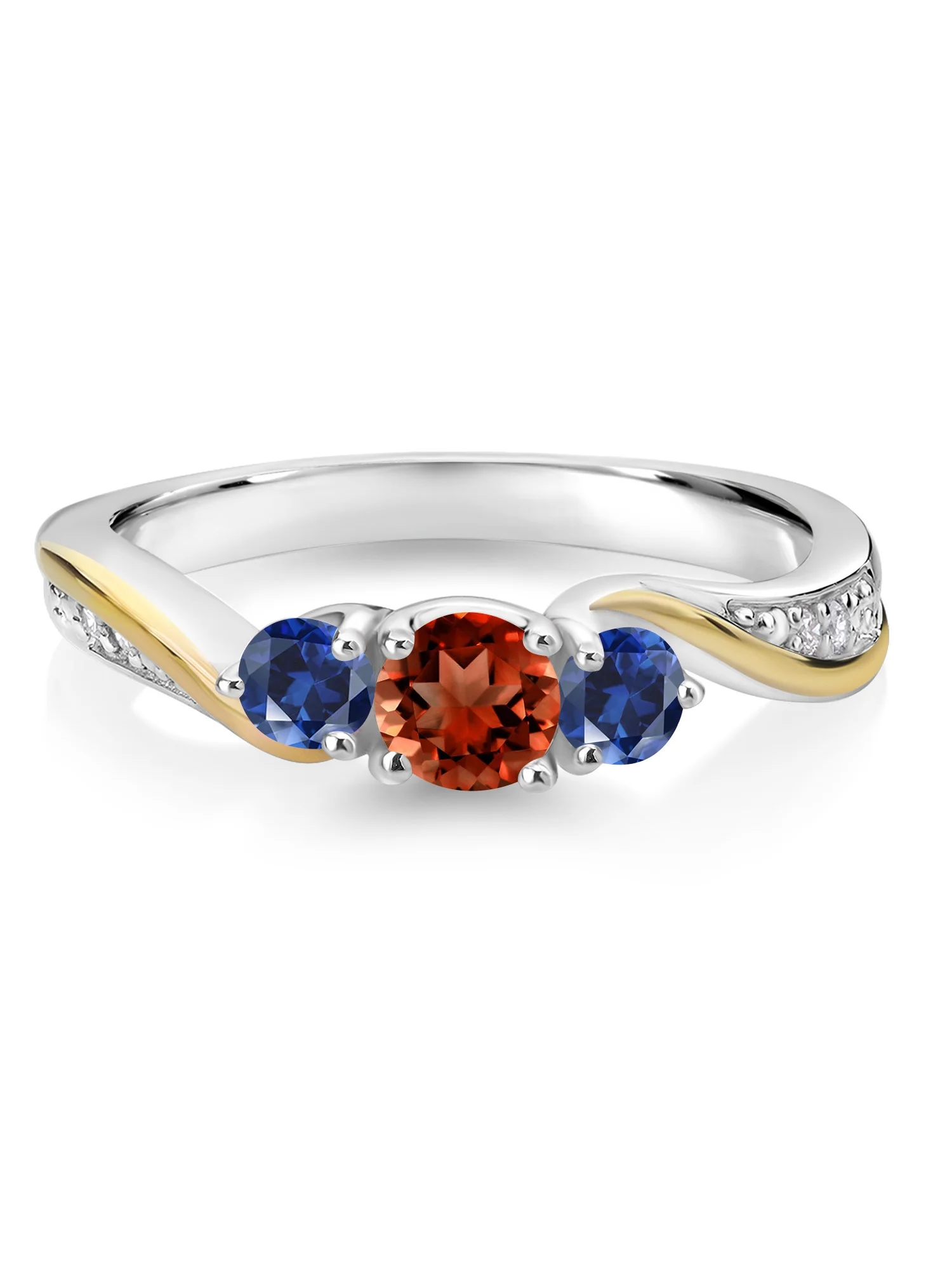 925 Silver and 10K Yellow Gold Red Garnet Blue Created Sapphire and White Lab Grown Diamond 3 Stone Engagement Ring For Women (0.68 Cttw, January Birthstone, Available In Size 5, 6, 7, 8, 9)