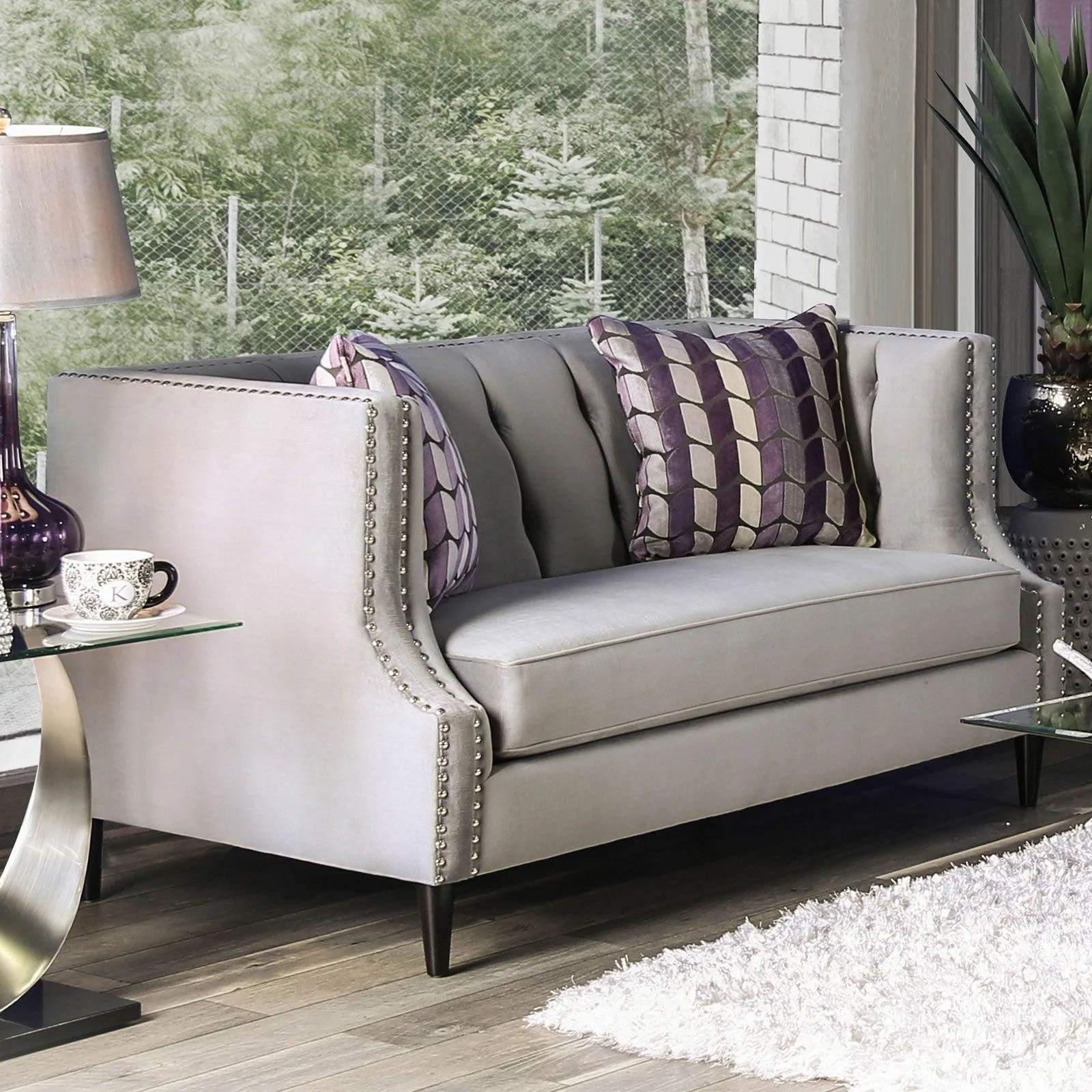 Transitional Gray & Purple Living Room Set 3pcs FOA Tegan & Orla