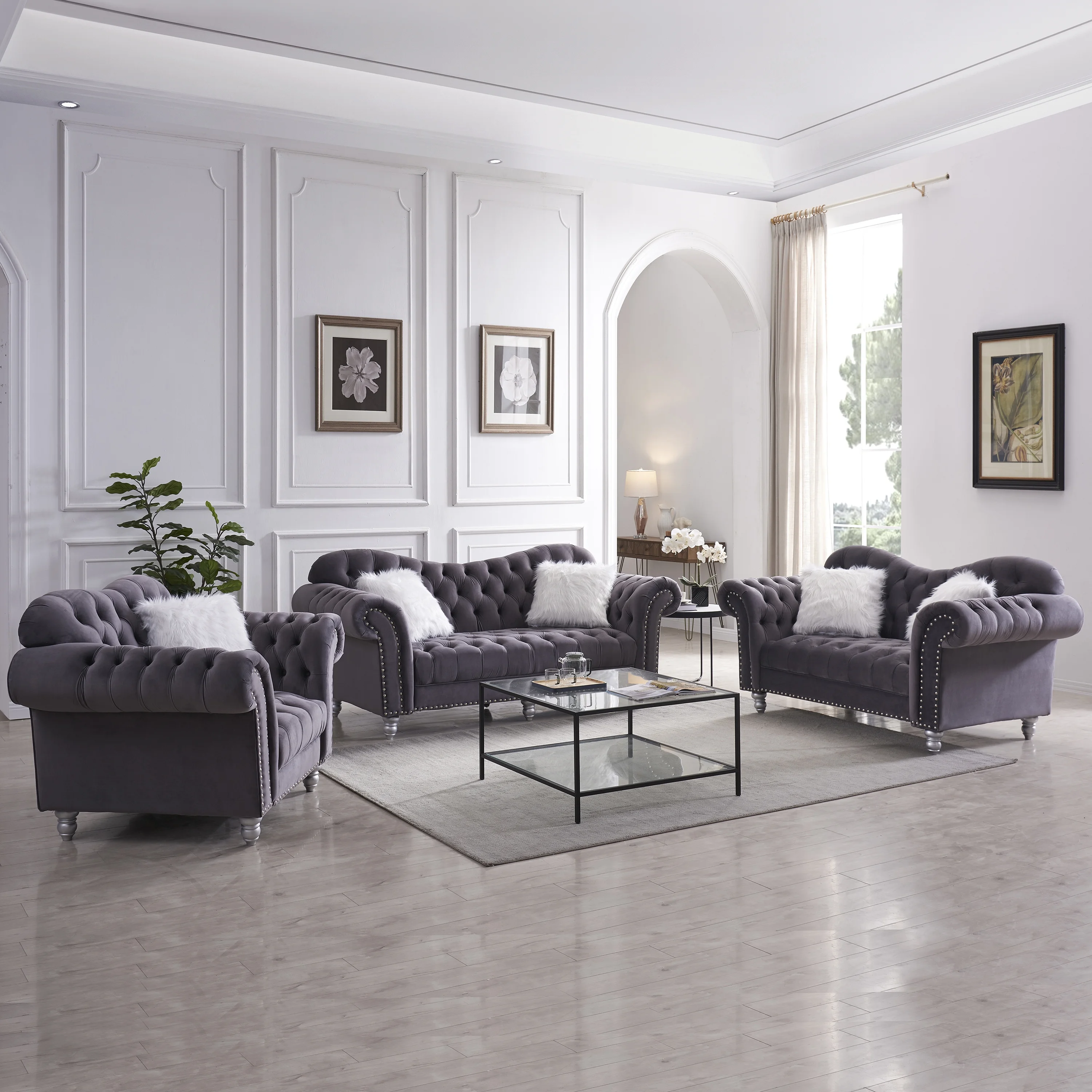 Elegant 3-Piece Sofa Set with Button and Copper Nail Detailing - Luxurious Style & Comfort