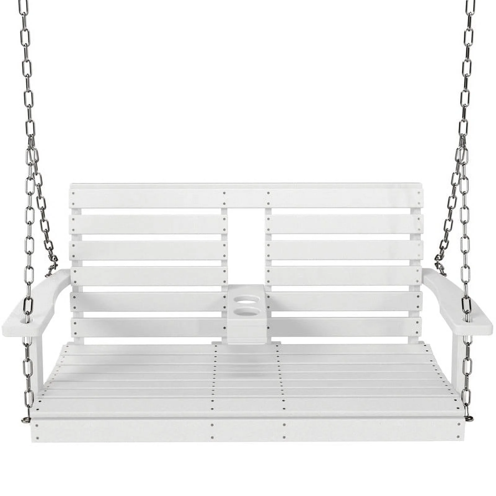 SERWALL 3 Person Outdoor Plastic Hanging Porch Swing Bench Chair W/ Cup Holder, White