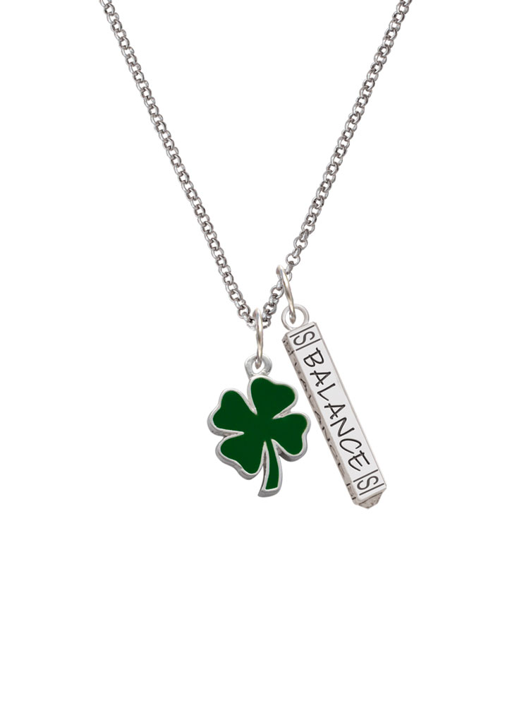 Delight Jewelry Silvertone Two Sided Green Enamel Lucky Four Leaf Clover Silvertone Balance Bar Charm Necklace, 23