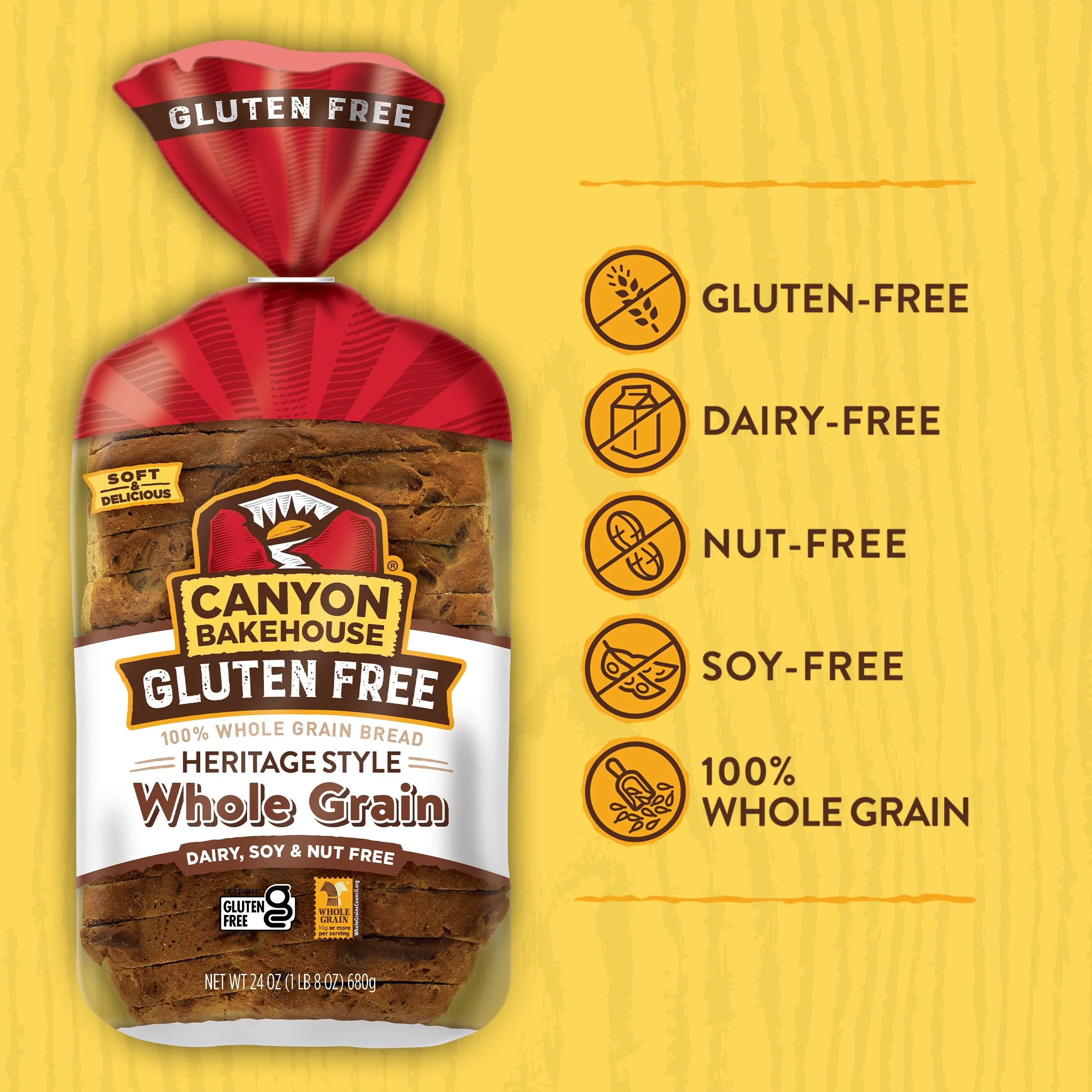 Canyon Bakehouse Heritage Style Whole Grain Gluten Free Bread, Large-Sliced, Frozen, 24 oz, Loaf