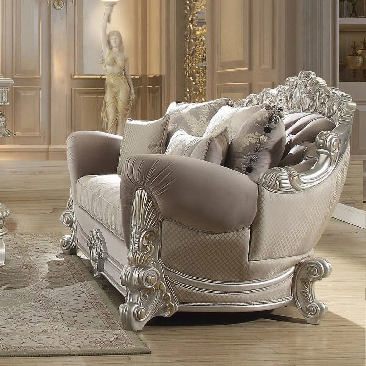 Traditional Metallic Silver 3Pcs Sofa Set Carved Wood Homey Design HD-372