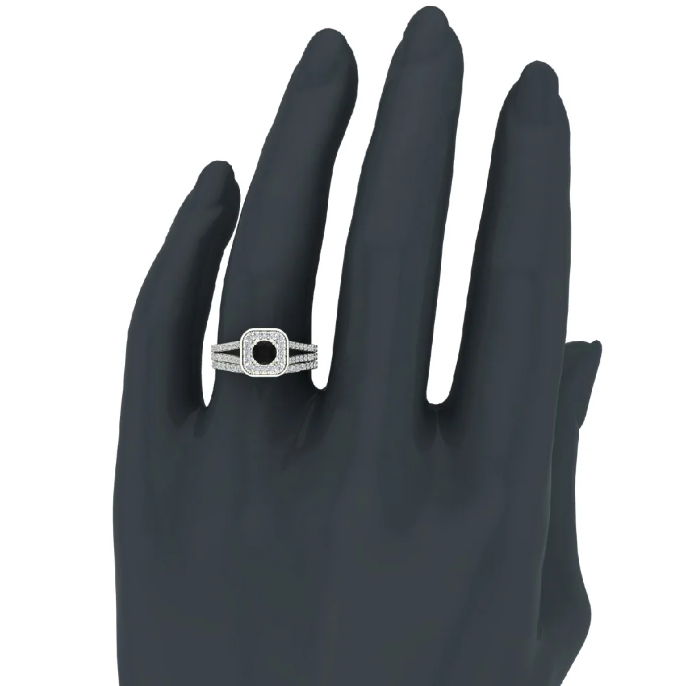 Black Diamond Wedding Ring Set Round Cut Black Diamond Cushion Halo Rings Split Shank 14K White Gold 1.25 Carat