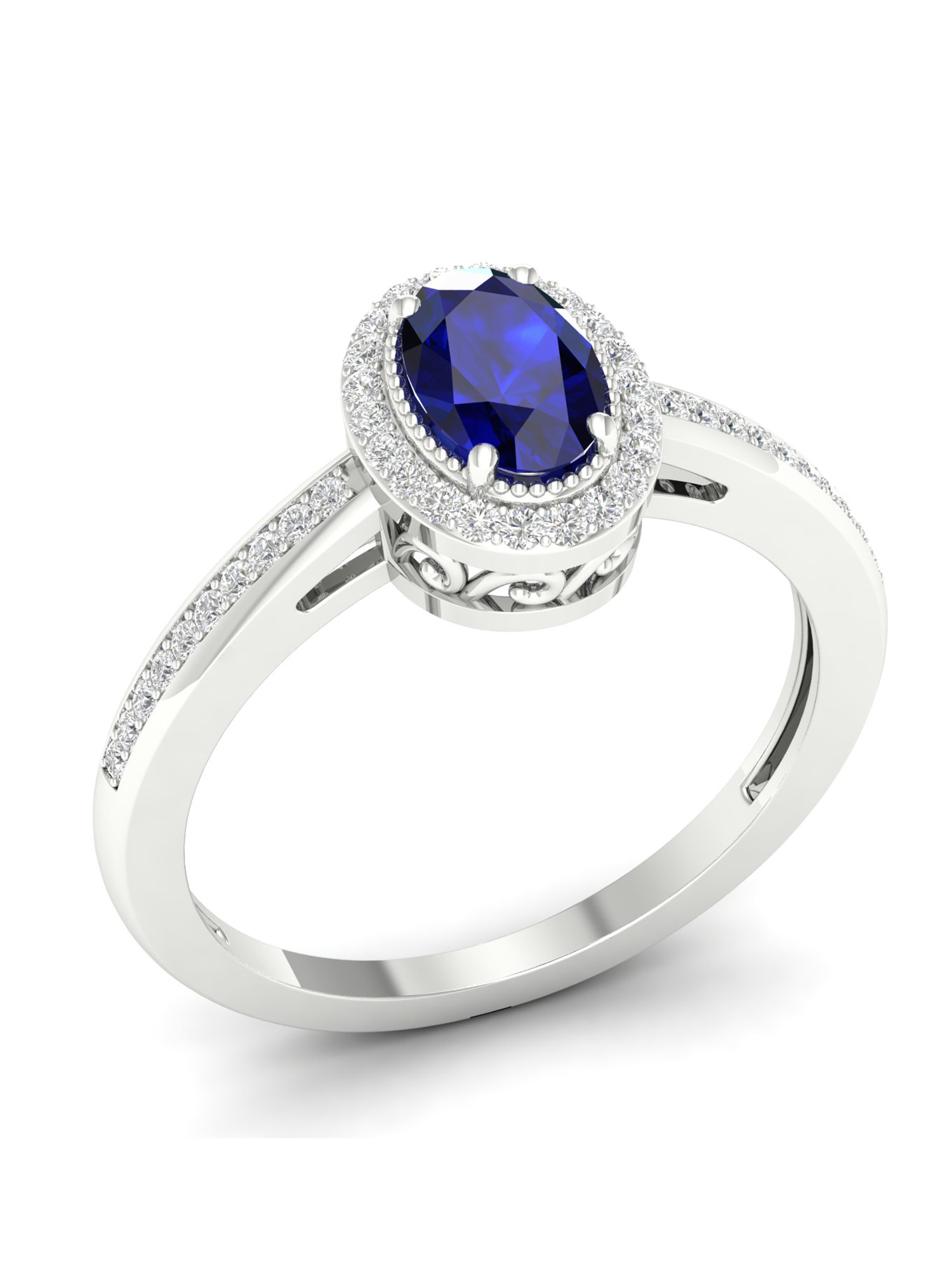 Imperial Gemstone 10K White Gold Oval Cut Blue Sapphire 1/8 CT TW Diamond Halo Women's Ring