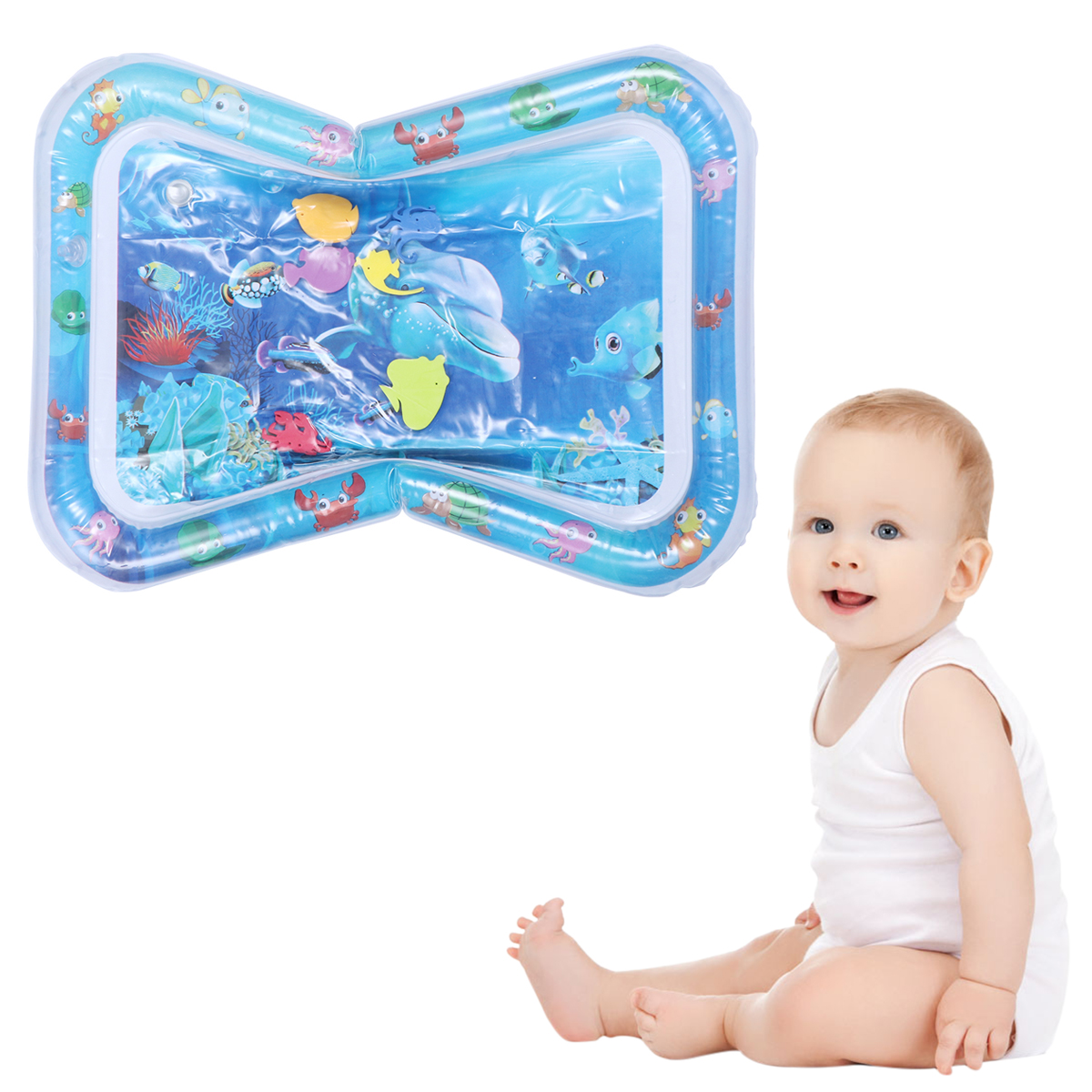Creative Dolphin Design Baby Pad Toys Inflatable Crawling Cushion Water Play Mat Leakproof Colorful Play Mat Baby Toys for Infants Toddlers (Blue)