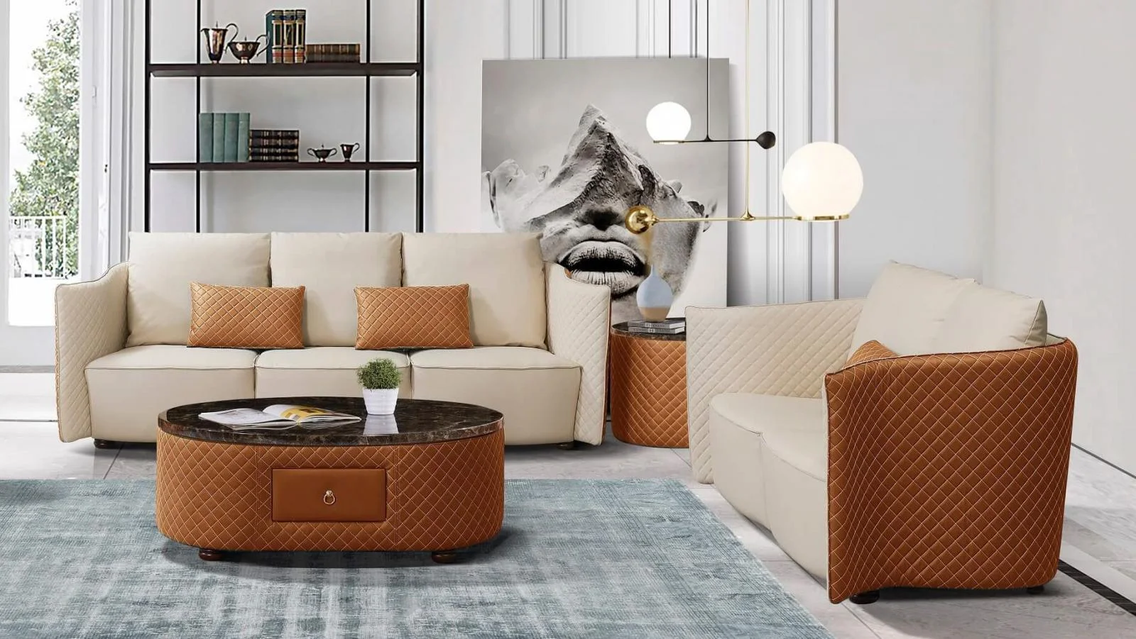 Orange Italian Leather Marble TopCoffee Table Set 2 MAKASSAR EUROPEAN FURNITURE