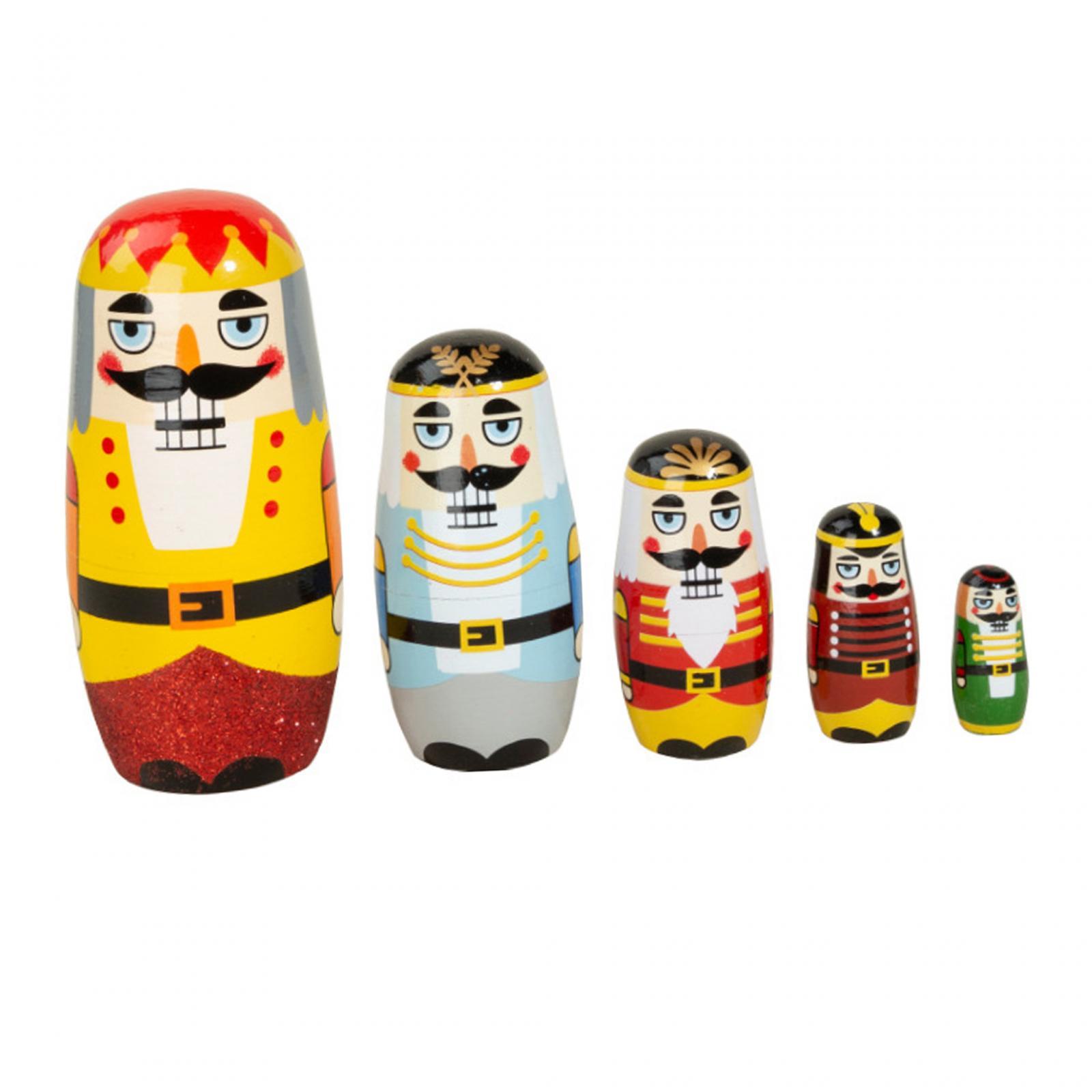 5 Pieces Nutcracker Wooden Matryoshka Dolls Cute Wishing Gift Crafts Traditional Nesting Doll Toy Stacking Doll Set Ornaments