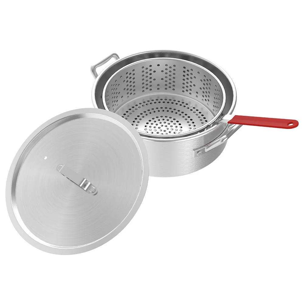 Nexgrill 10.5 Qt. Aluminum Fryer Pot with Heavy-Duty Strainer Basket, Built-in Drain Clip, and Lid