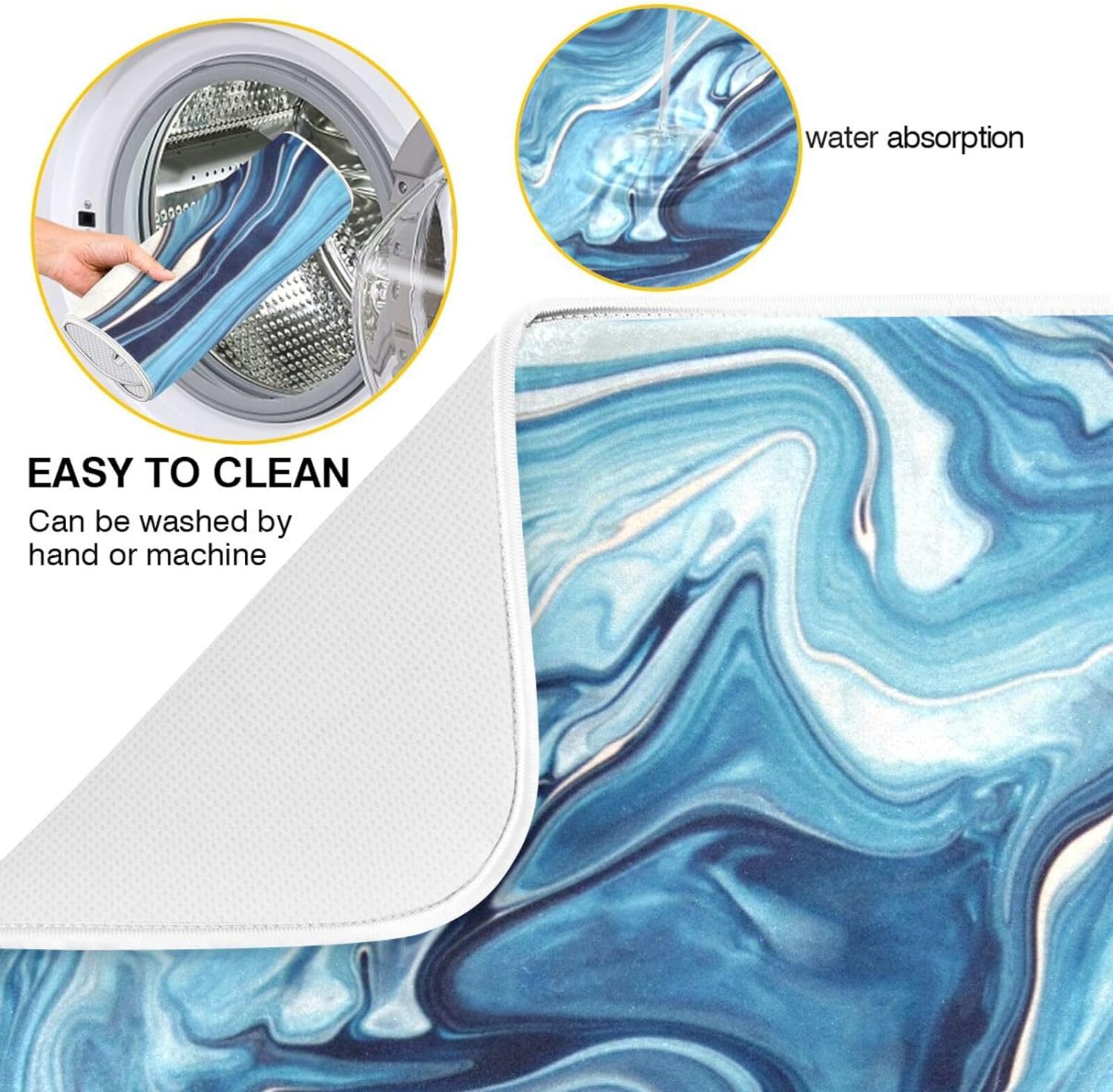Wellsay Marble Art Painting Blue Powder Dish Drying Mat for Kitchen Counter,Super Quick Absorbent Composite Sponge Dish Drying Pad,Heat Resistant Non-Slip Rack Tableware Mat (16x18Inch