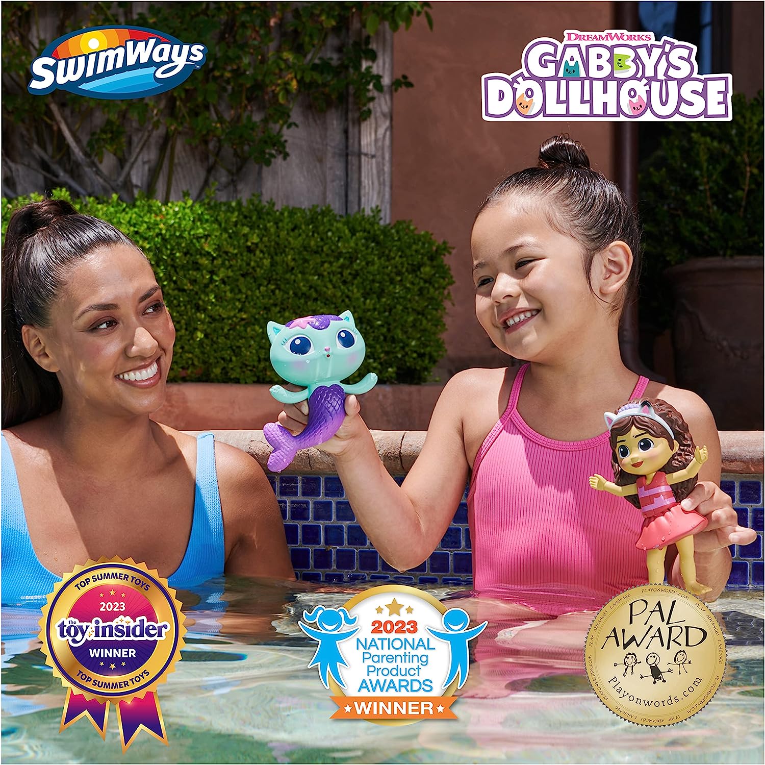 Swimways Gabbys Dollhouse Floatin' Figures, Swimming Pool Accessories & Kids Pool Toys, Party Supplies & Water Toys for Kids Aged 3 & Up, Gabby & Mercat 2-Pack