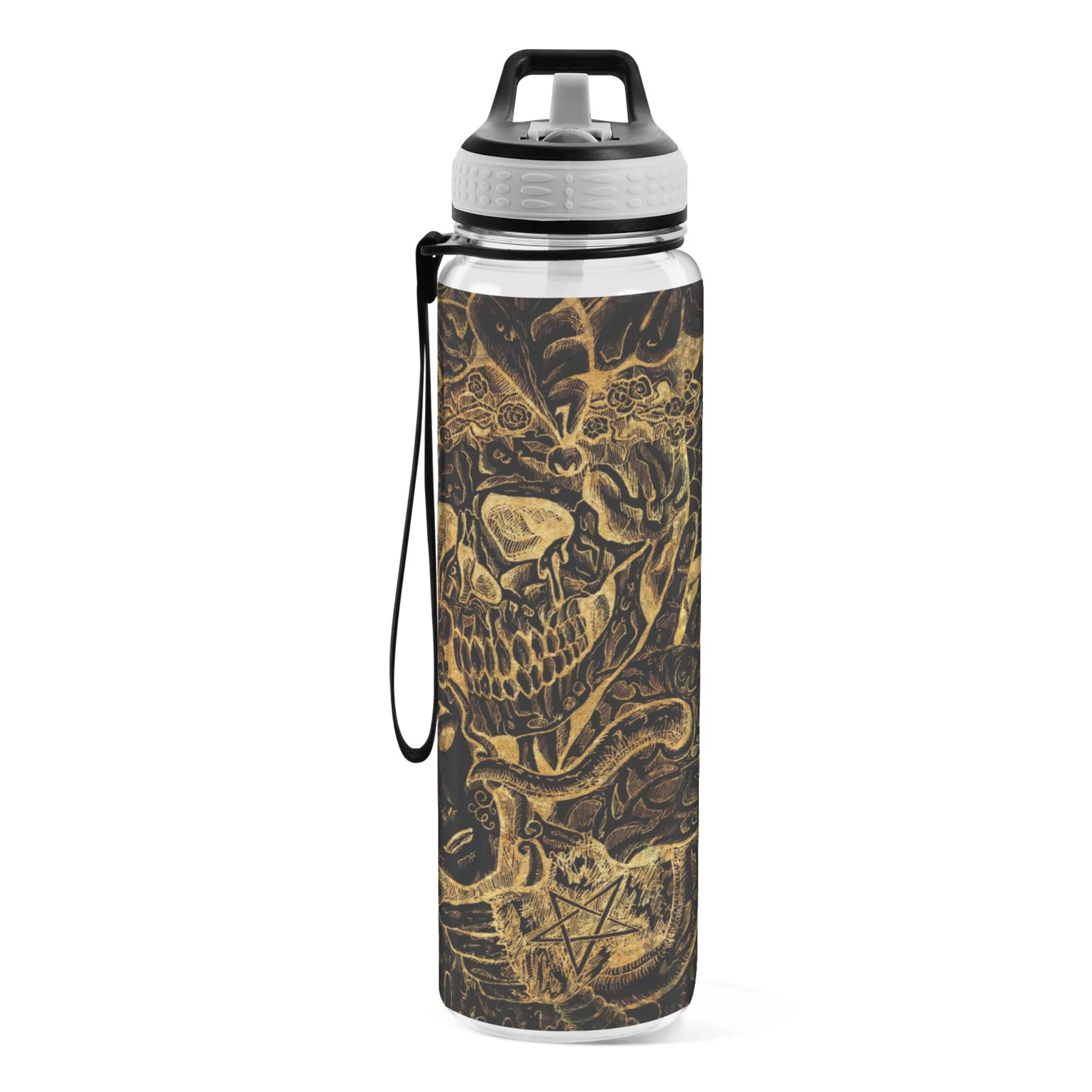 Golden Skull with Mask 32oz Sports Water Bottles Leakproof Tritan Bottle with Straw BPA Free Clear Bottle for Fitness Gym Outdoor Cycling