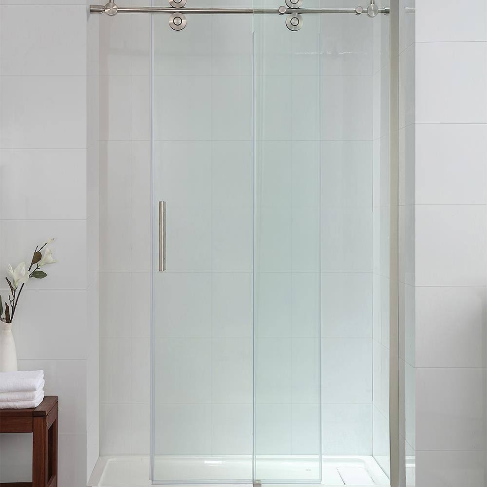 Ove Decors Sydney 78.75-in H x 46.25-in to 47.75-in W Frameless Sliding Satin Nickel Shower Door (Clear Glass)