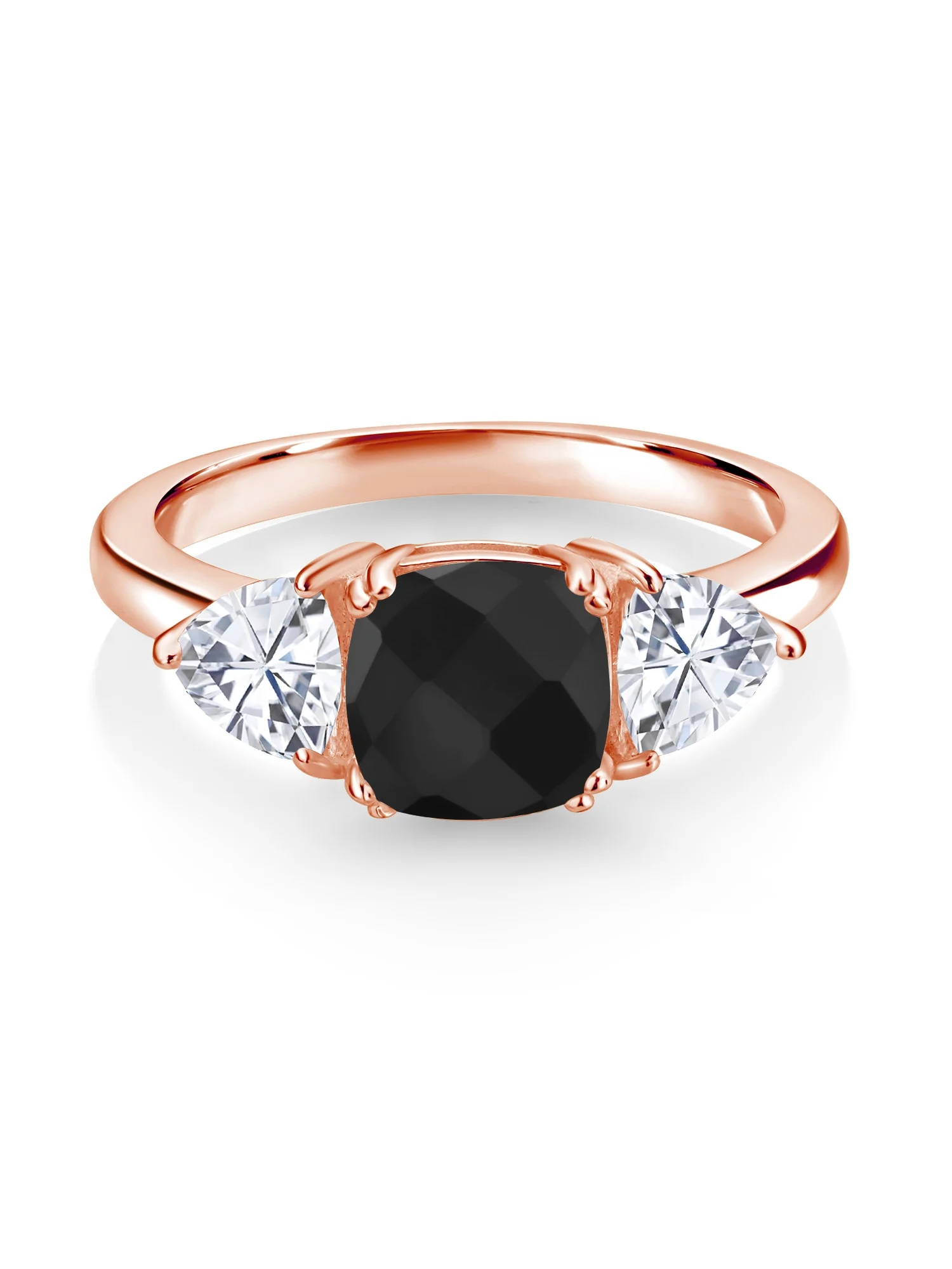 Gem Stone King 18K Rose Gold Plated Silver Black Onyx and White Moissanite 3 Stone Engagement Ring For Women (2.41 Cttw, Gemstone December Birthstone, Available In Size 5, 6, 7, 8, 9)