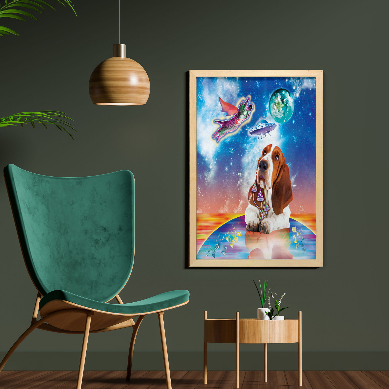Space Cat Wall Art with Frame, Cosmic Animals Flying Kitten Dog Earth Vibrant Mushroom UFO Planet Composition, Printed Fabric Poster for Bathroom Living Room, 23
