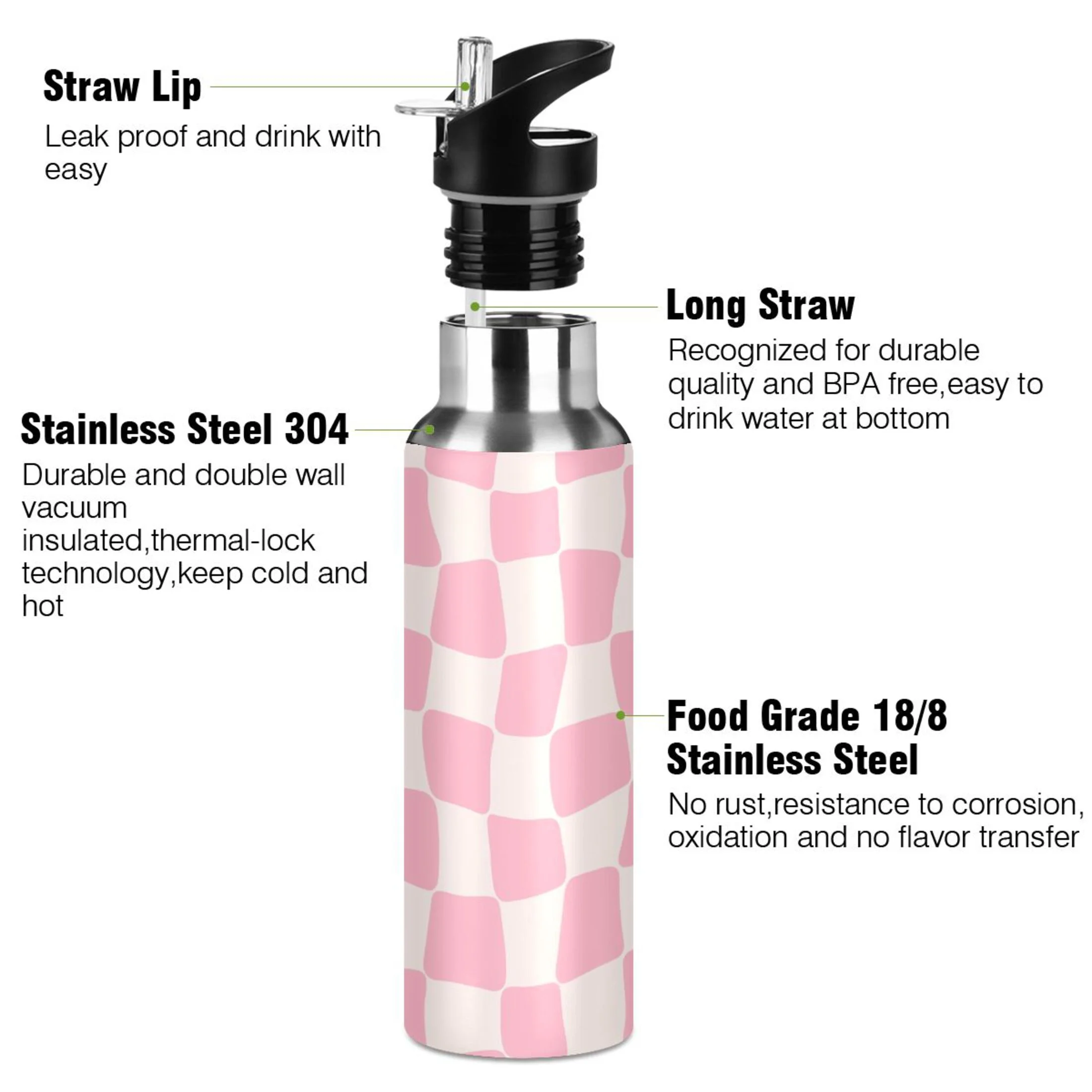 Water Bottle with Straw Lid Leak Pink Beige Lattice Stainless Steel Insulated Thermos Vacuum Flask for Cold Hot Drinking for Sports Camping Gym Yoga