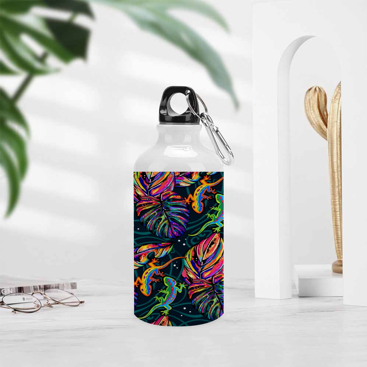 SKYSONIC 400ml Sport Aluminum Water Bottle,Lizards and Amulticolor Leaves,Sport Multipack Leak Proof Easy Carry Travel Bottle with Twist Cap for Gym Hiking Camping Running Bike Outdoor