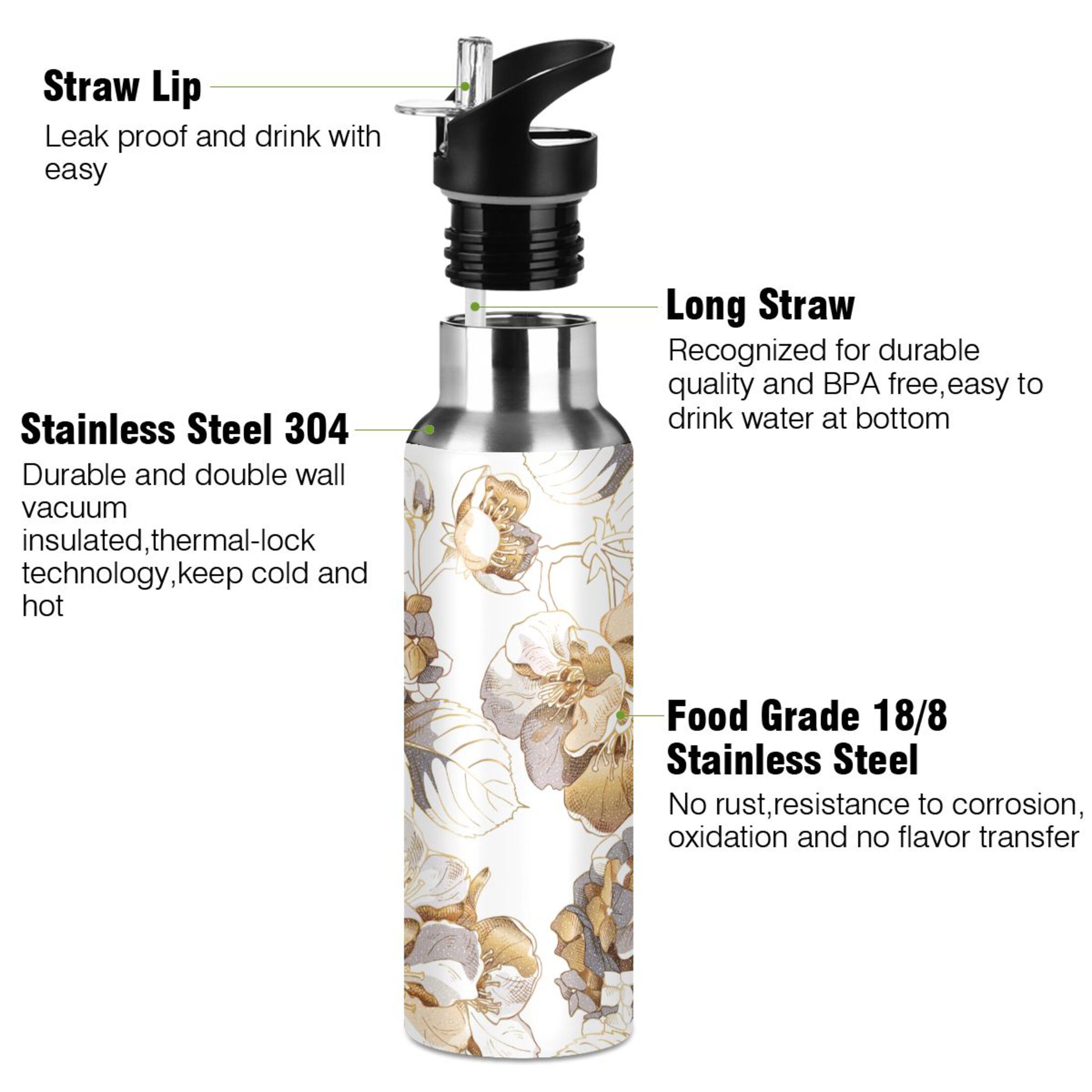 Water Bottle with Straw Lid Leak Golden Flowers Peony Stainless Steel Insulated Thermos Vacuum Flask for Cold Hot Drinking for Sports Camping Gym Yoga
