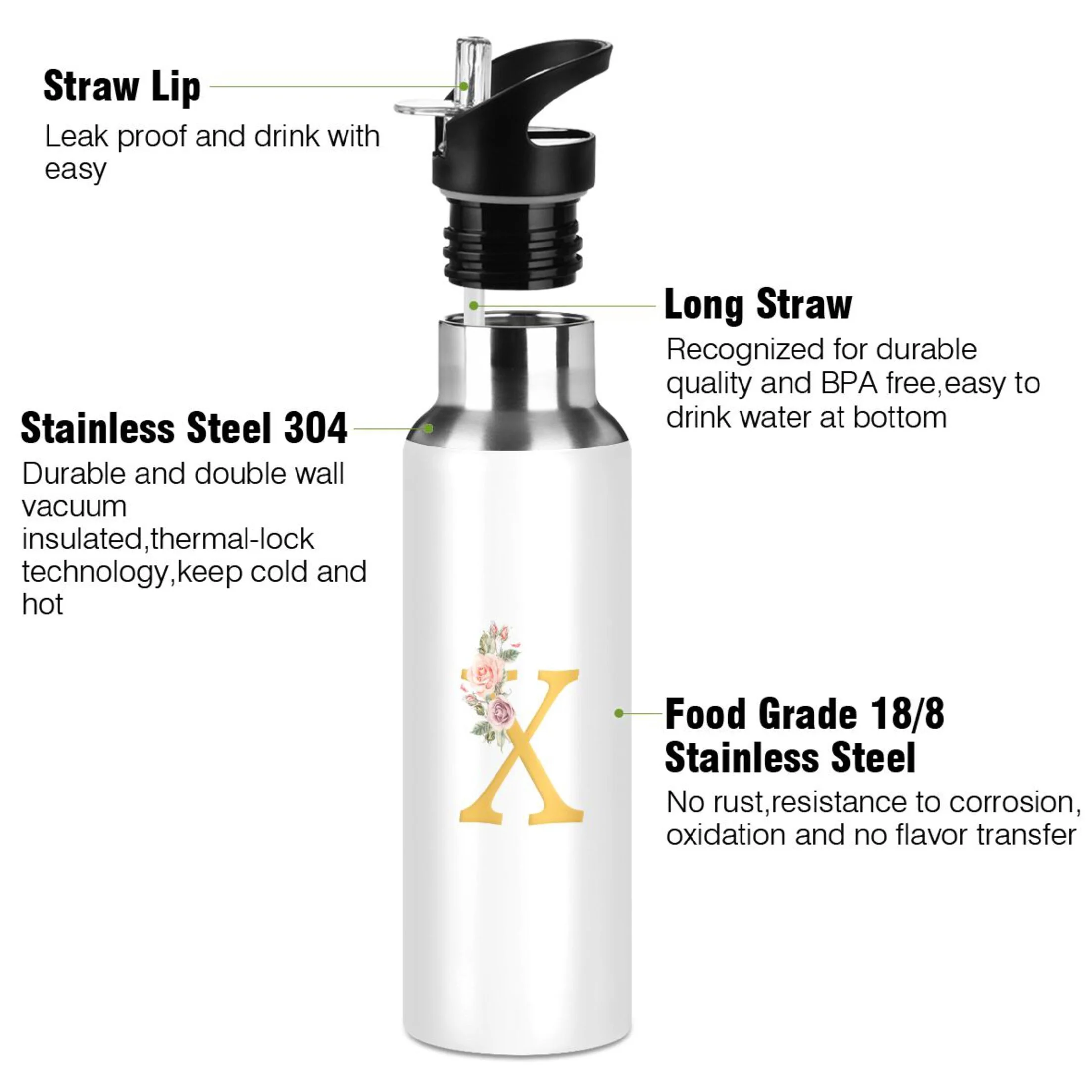 Water Bottle with Straw Lid Leak X Stainless Steel Insulated Thermos Vacuum Flask for Cold Hot Drinking for Sports Camping Gym Yoga