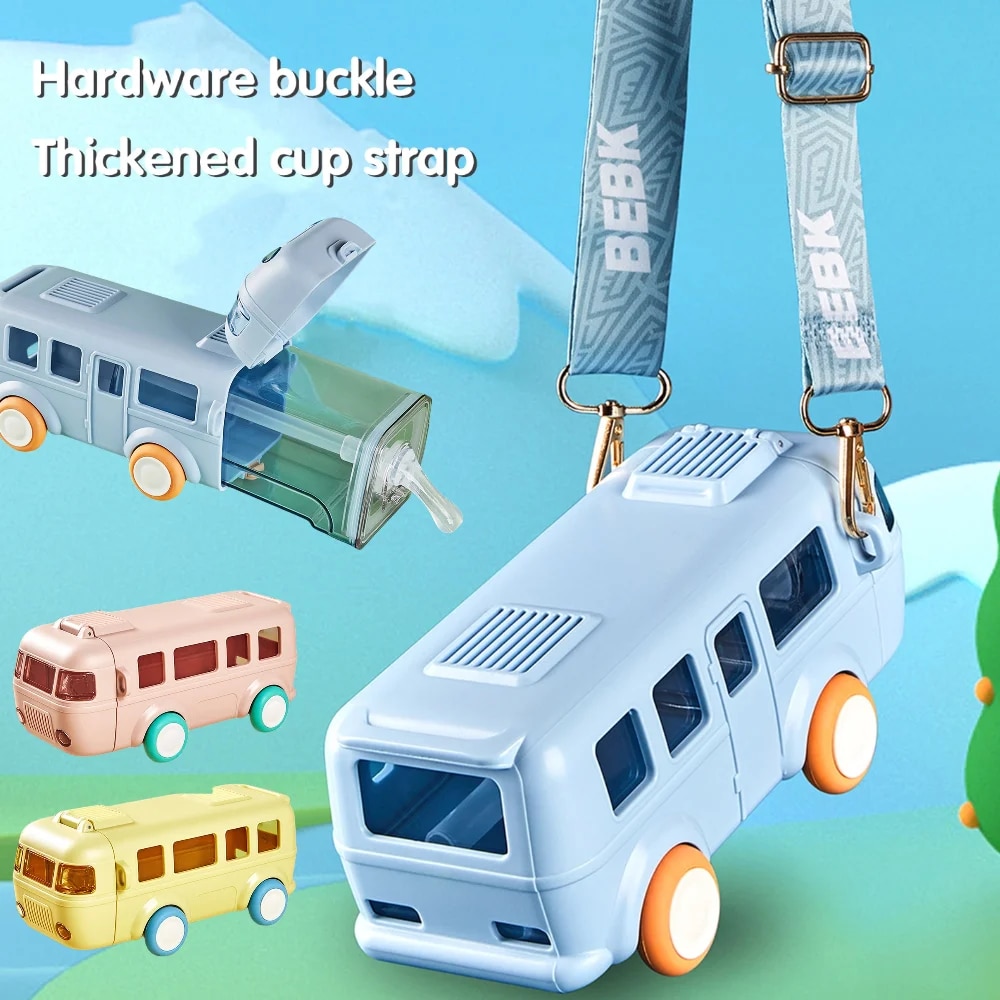 500ml Toy Car Water Bottle Leakproof Bus Shape Kids Small Car Straw Kettle Drinkware with Shoulder Strap for School Sport Blue 500ml