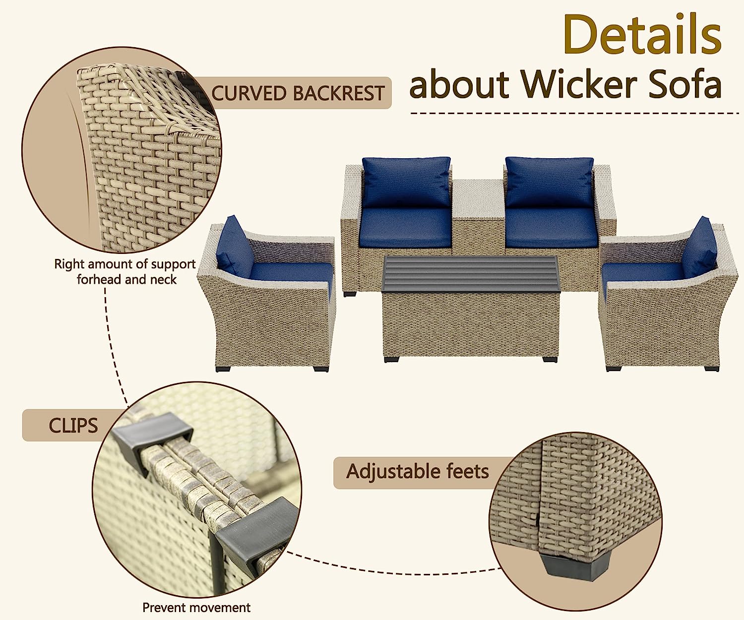 Esmlada Outdoor 6 Piece Modular Outdoor Set Wicker Patio Furniture Conversation Sofa Set，Suitable for Porch, Balcony and Deck (White and Blue)