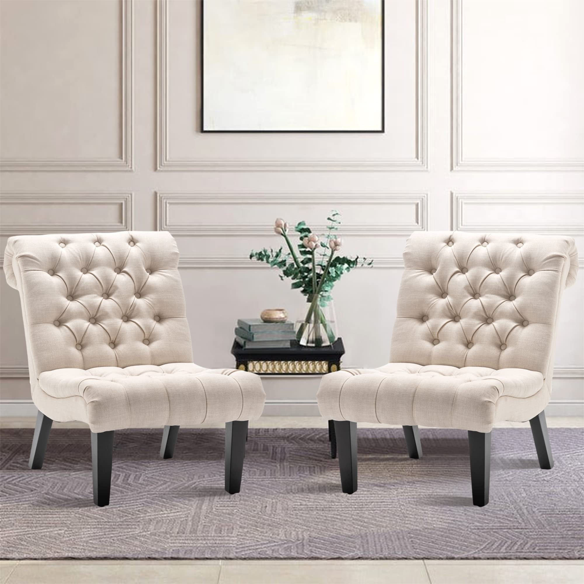 Andeworld   Accent Chair for Bedroom Living Room Chairs Tufted Upholstered Lounge Chair with Wood Legs Linen Fabric Cream