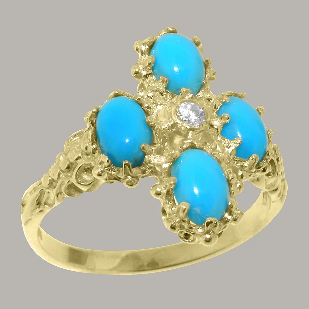 LBG British Made 9k Yellow Gold Natural Diamond & Turquoise Womens Anniversary Ring - 33 size options - Size 12